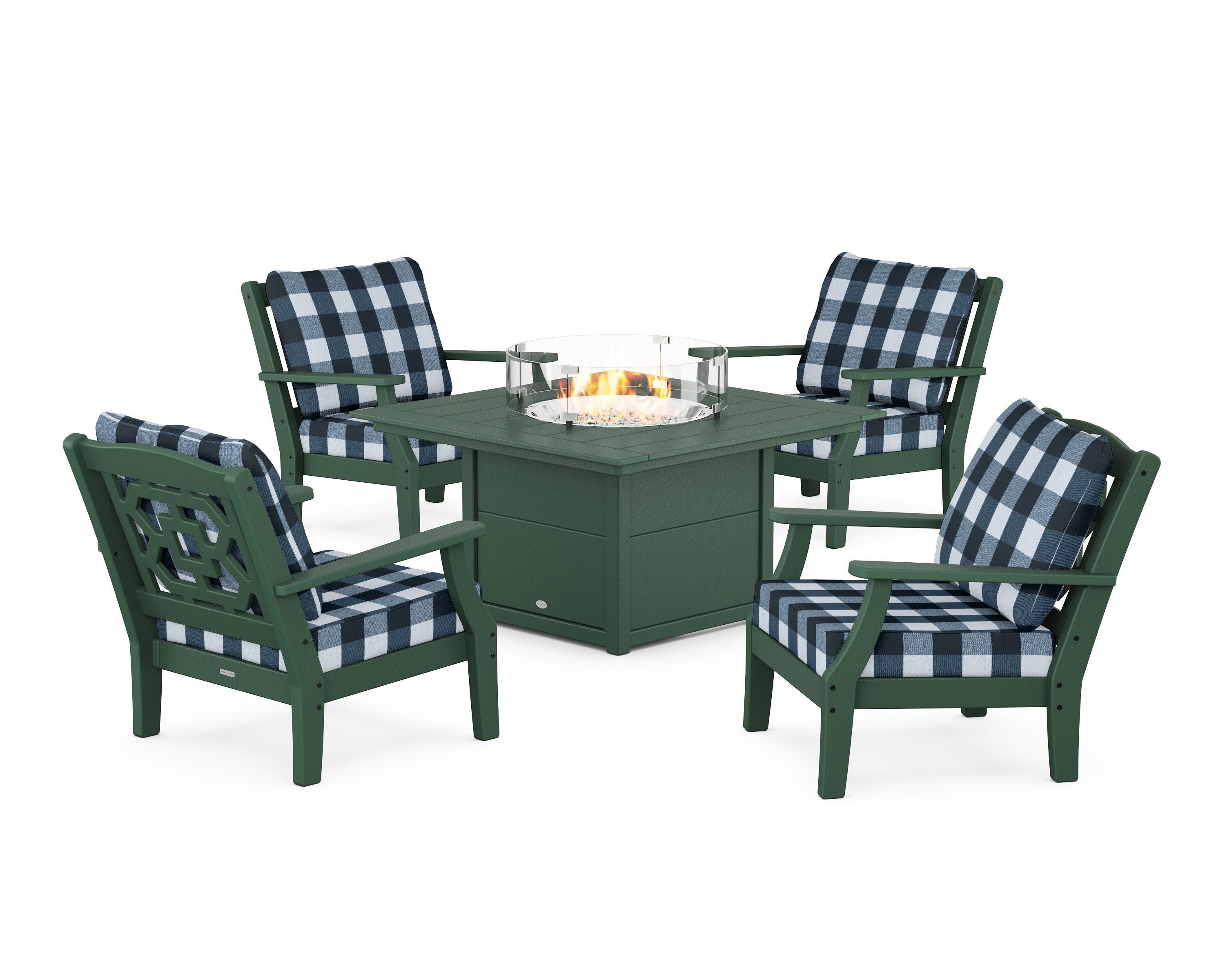 Chinoiserie 5-Piece Deep Seating Set with Fire Pit Table in Green / Buffalo Plaid Marine Indigo