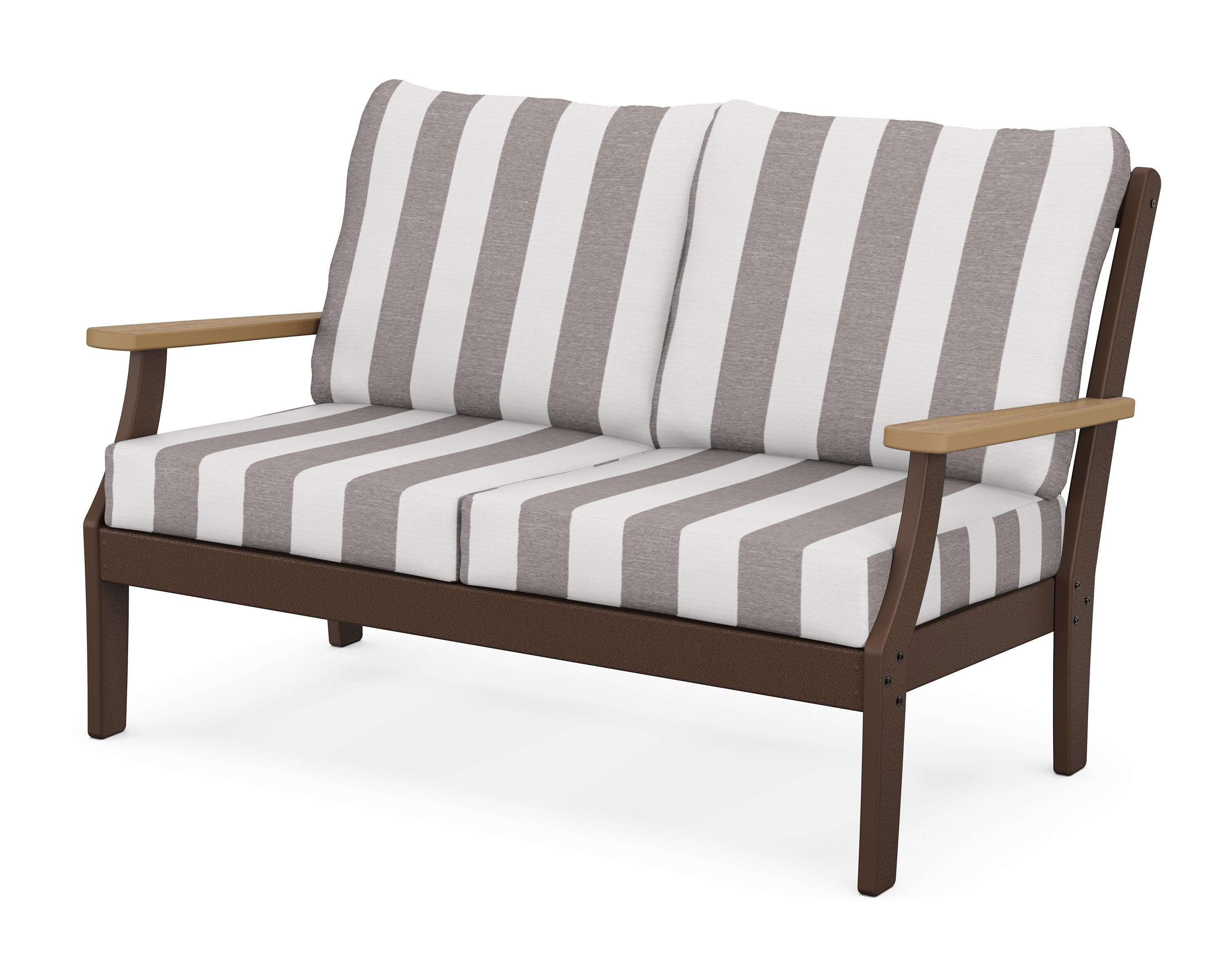 Braxton Deep Seating Loveseat in Mahogany / Natural / Cabana Stripe Grey Mist