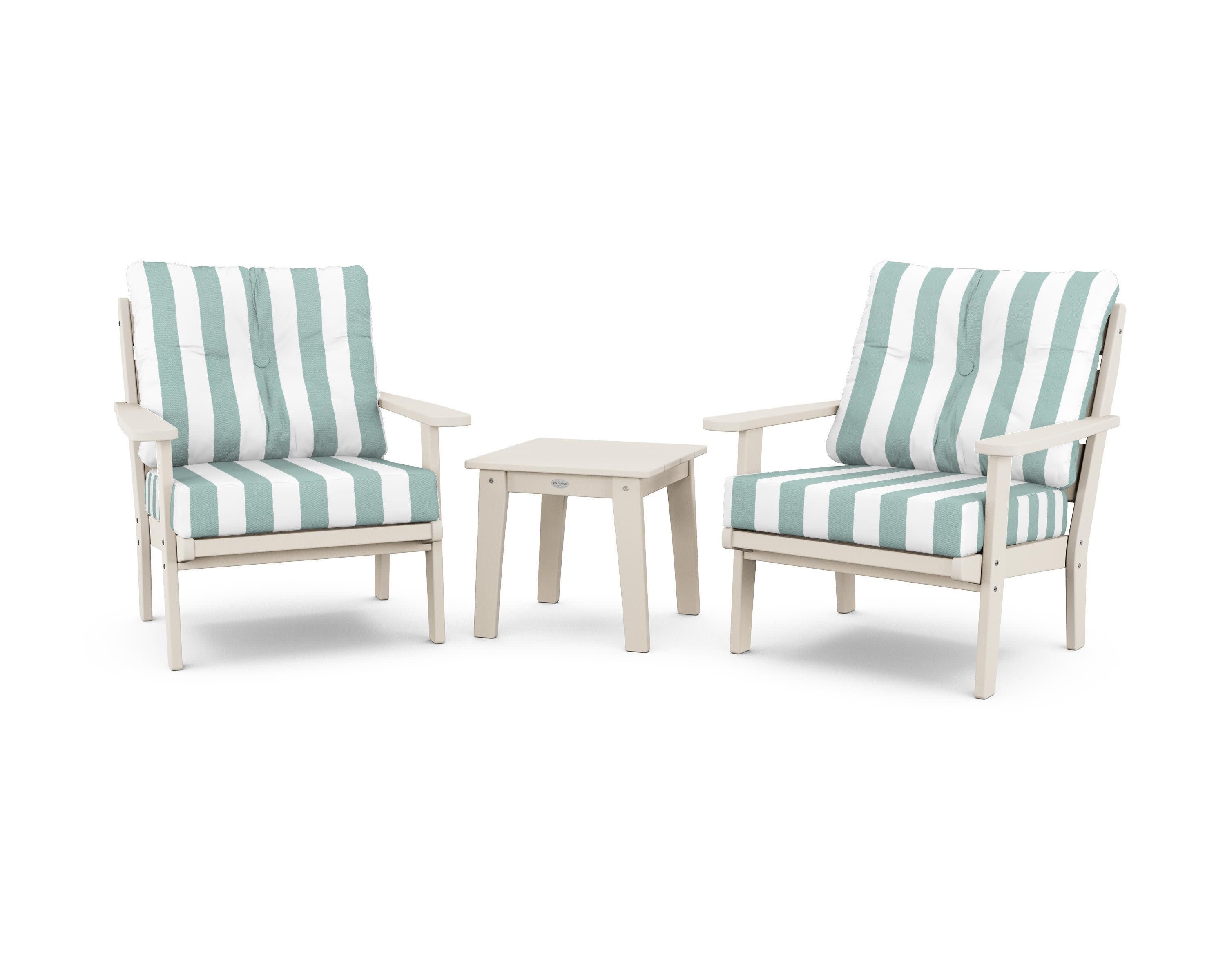 Lakeside 3-Piece Deep Seating Chair Set in Sand / Cabana Stripe Glacier Spa