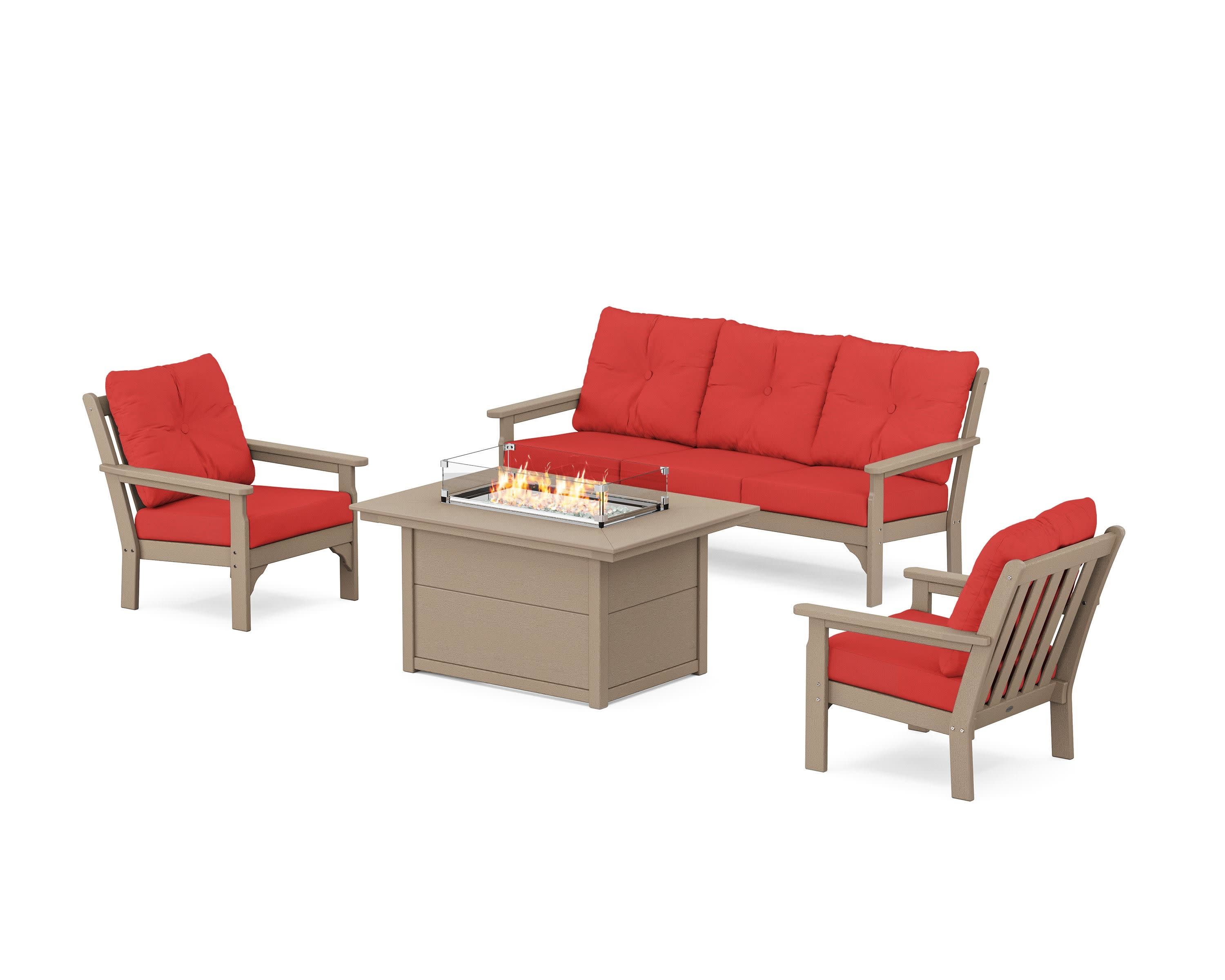 Vineyard Deep Seating Fire Pit Table Set in Vintage Sahara / Crimson Linen