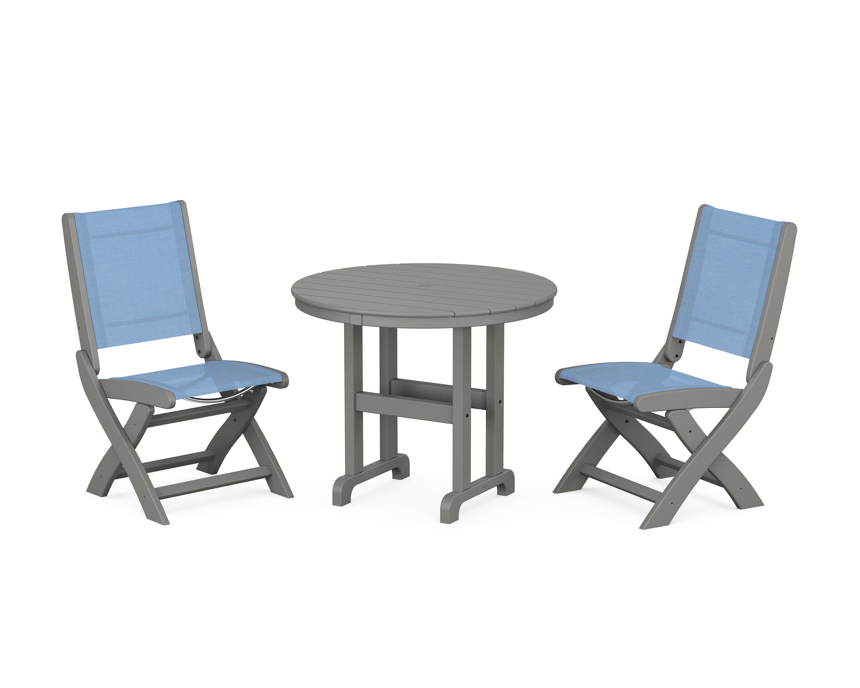 Coastal Folding Side Chair 3-Piece Round Dining Set in Slate Grey / Poolside Sling