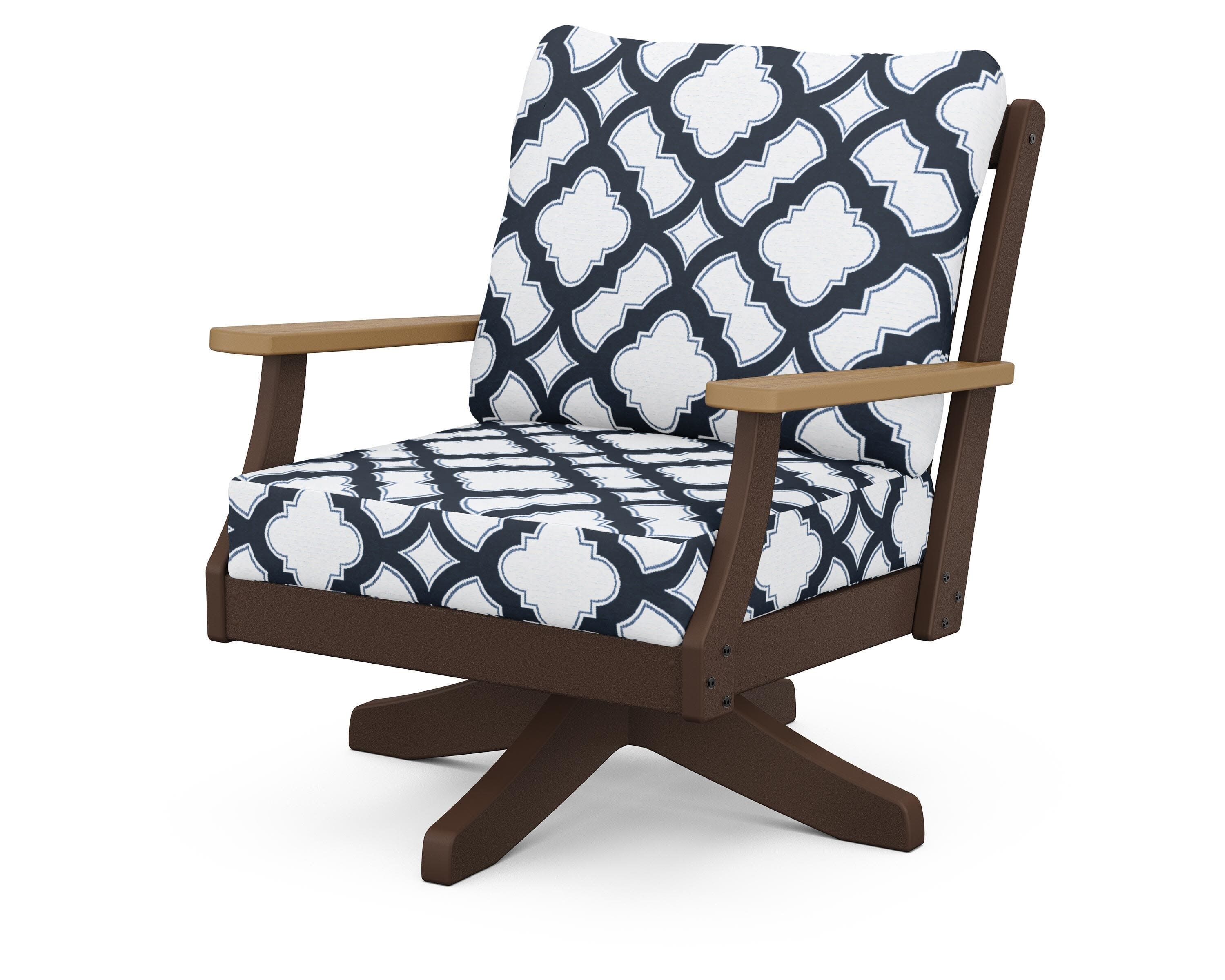 Braxton Deep Seating Swivel Chair in Mahogany / Natural / Trellis Marine Indigo