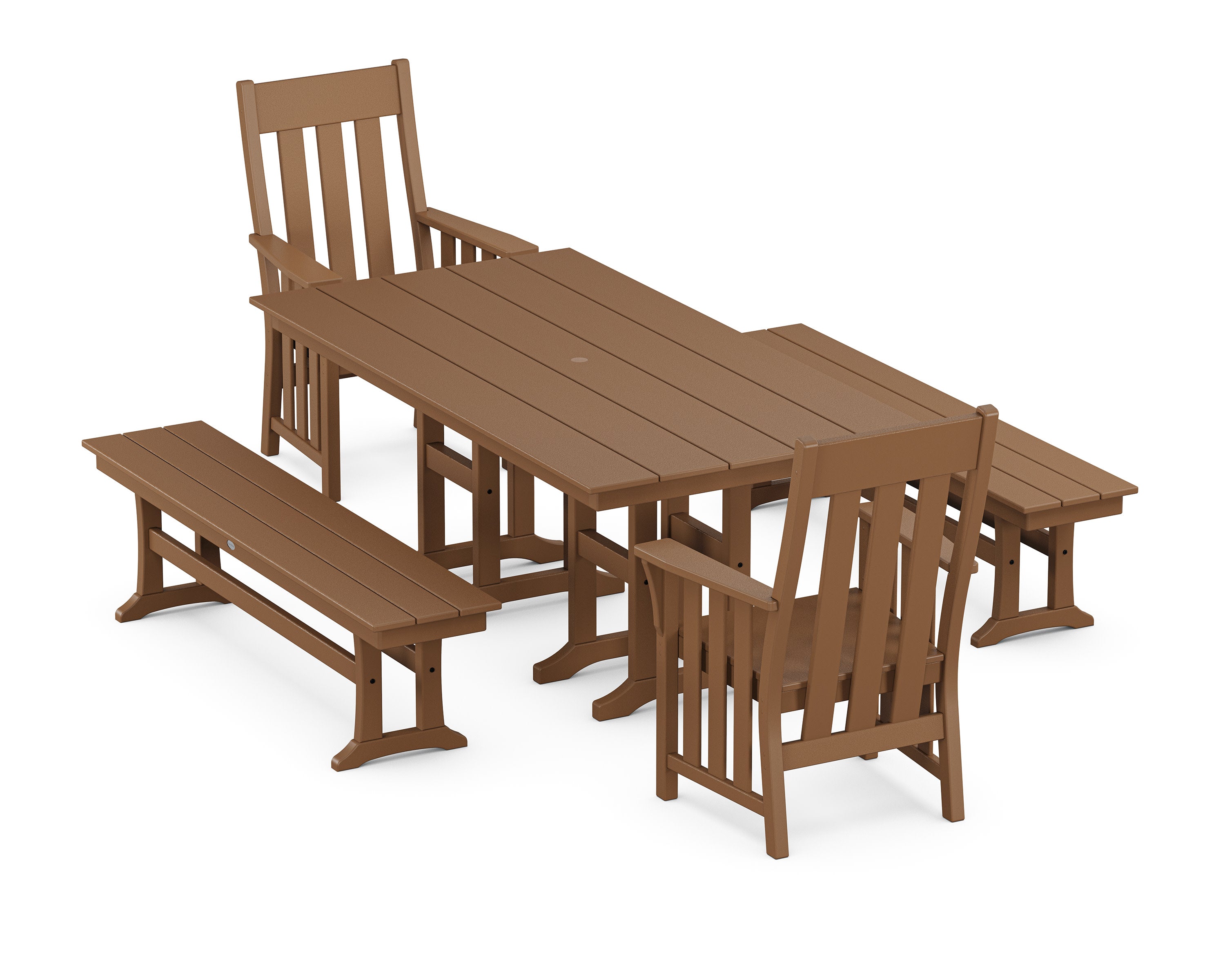 Acadia 5-Piece Farmhouse Dining Set with Benches in Teak