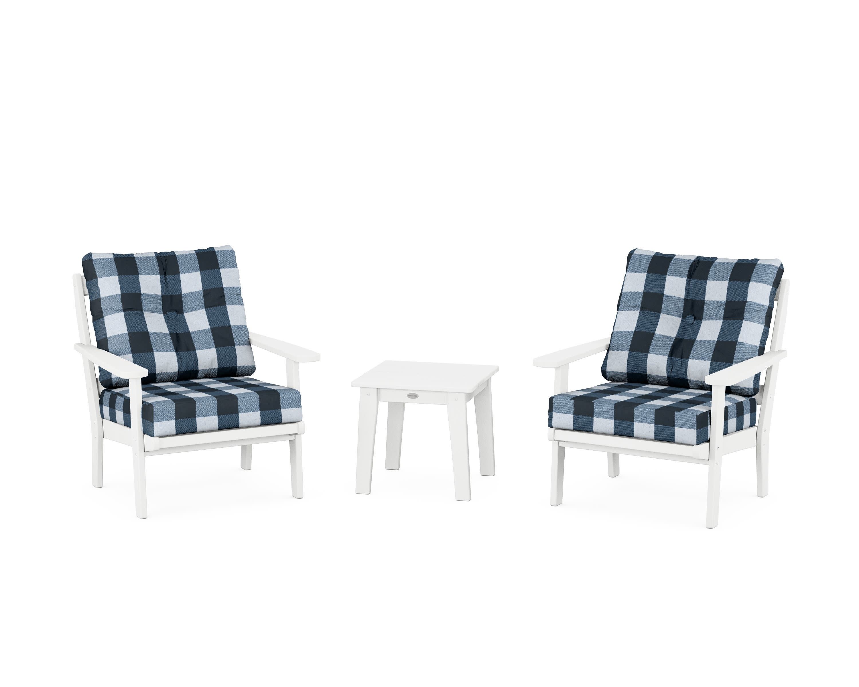 Mission 3-Piece Deep Seating Set in White / Buffalo Plaid Marine Indigo