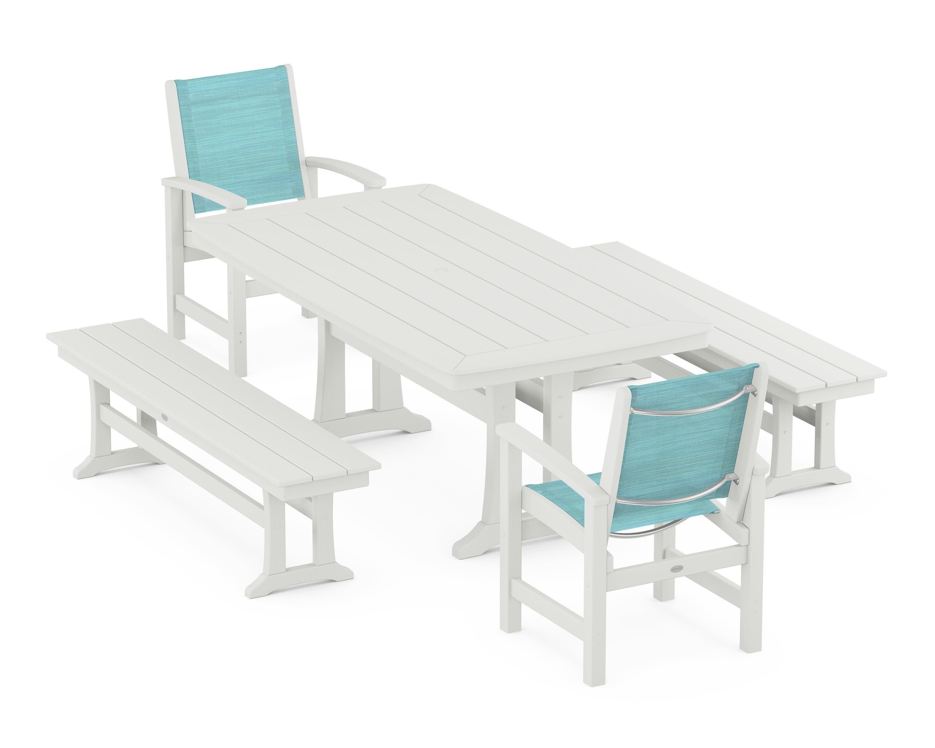 Coastal 5-Piece Dining Set with Trestle Legs and Benches in Vintage White / Dupioni Aquamarine Sling