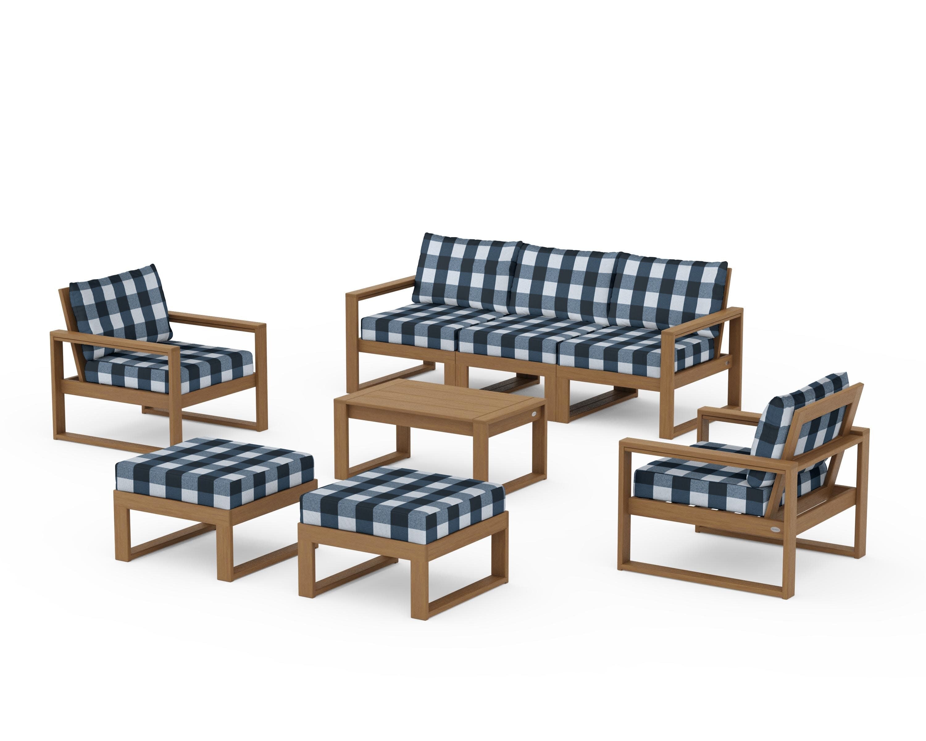 EDGE Sectional 8-Piece Lounge Sofa Set in Natural / Buffalo Plaid Marine Indigo