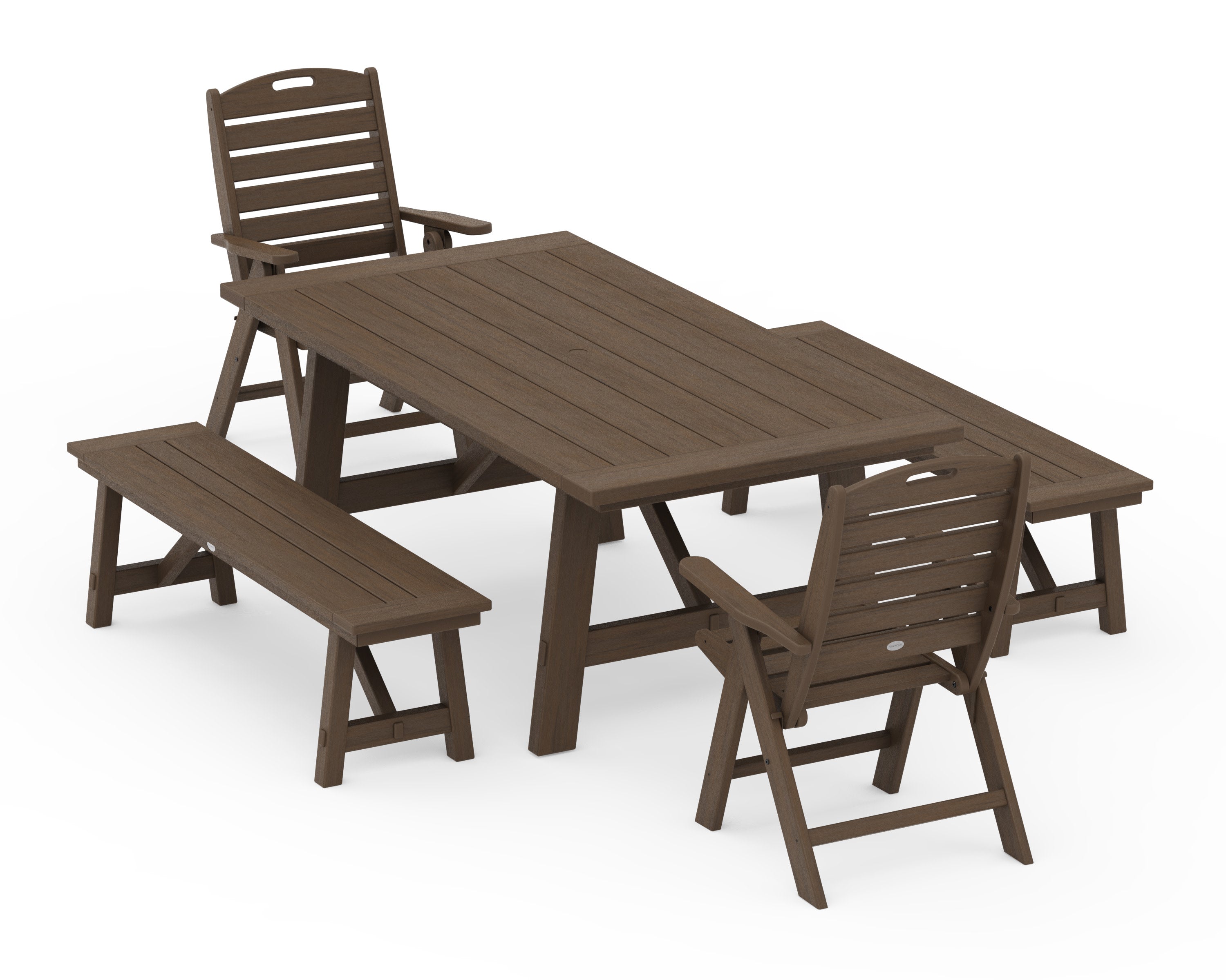Nautical Folding Highback Chair 5-Piece Rustic Farmhouse Dining Set With Benches in Kona