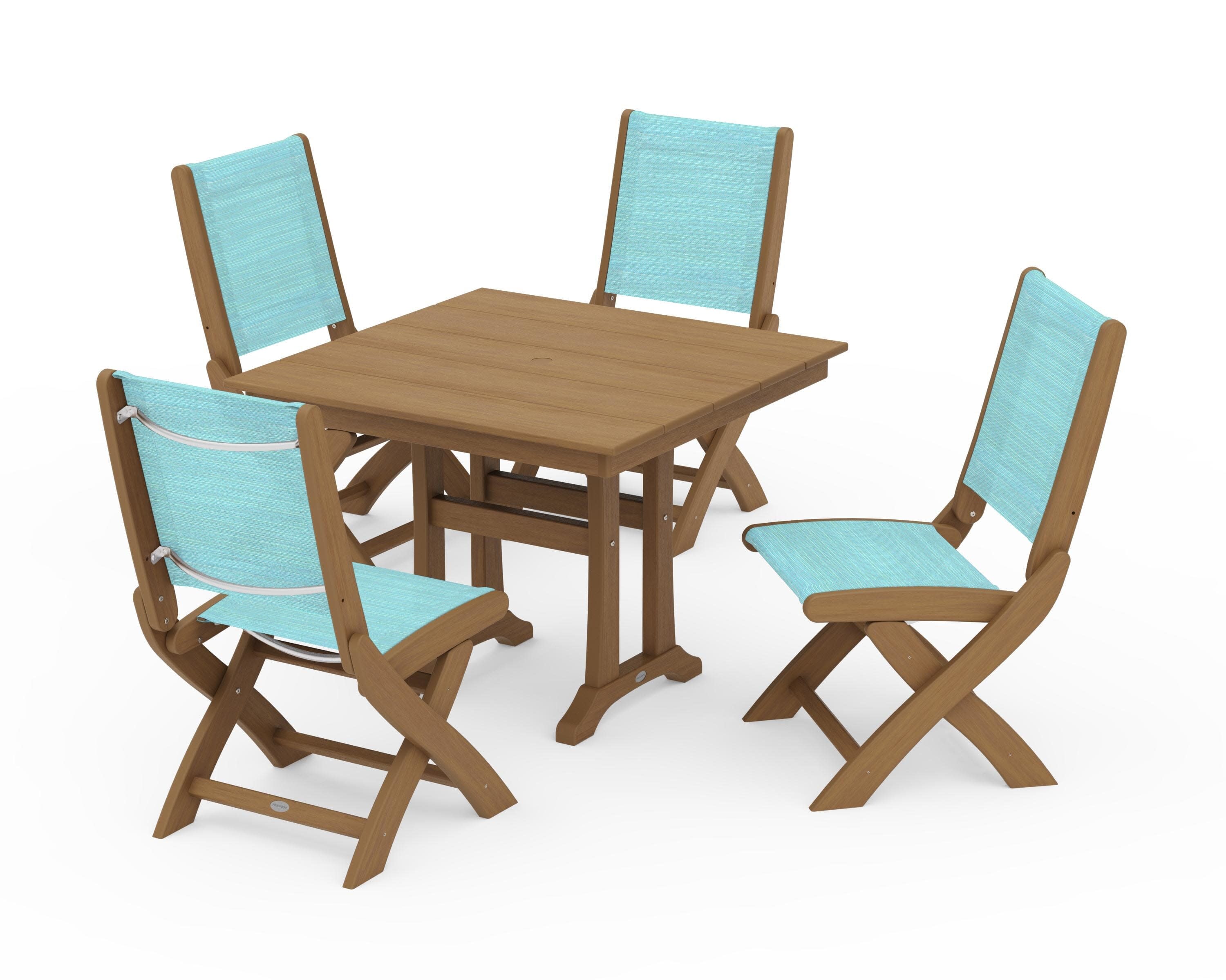 Coastal Folding Side Chair 5-Piece Farmhouse Dining Set With Trestle Legs in Natural / Dupioni Aquamarine Sling