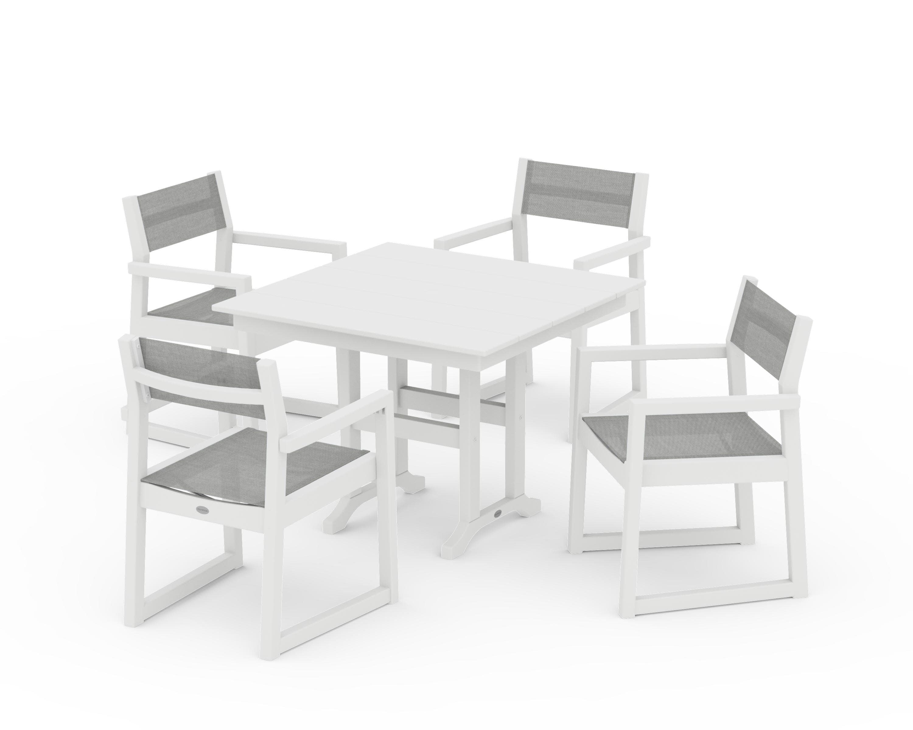 EDGE Sling Arm Chair 5-Piece Farmhouse Dining Set in White / Metallic Sling