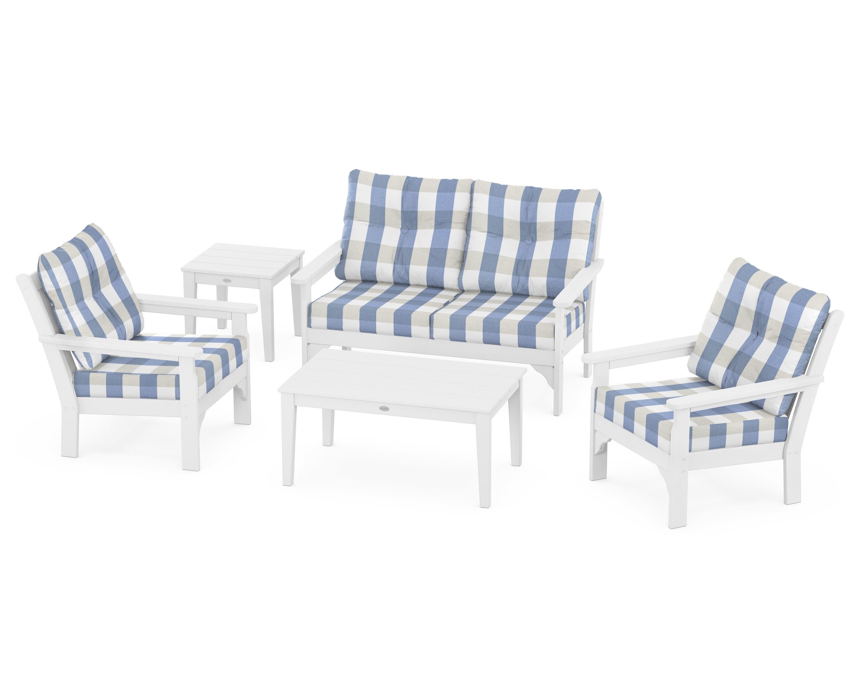 Vineyard 5-Piece Deep Seating Set in White / Buffalo Plaid Sky Blue