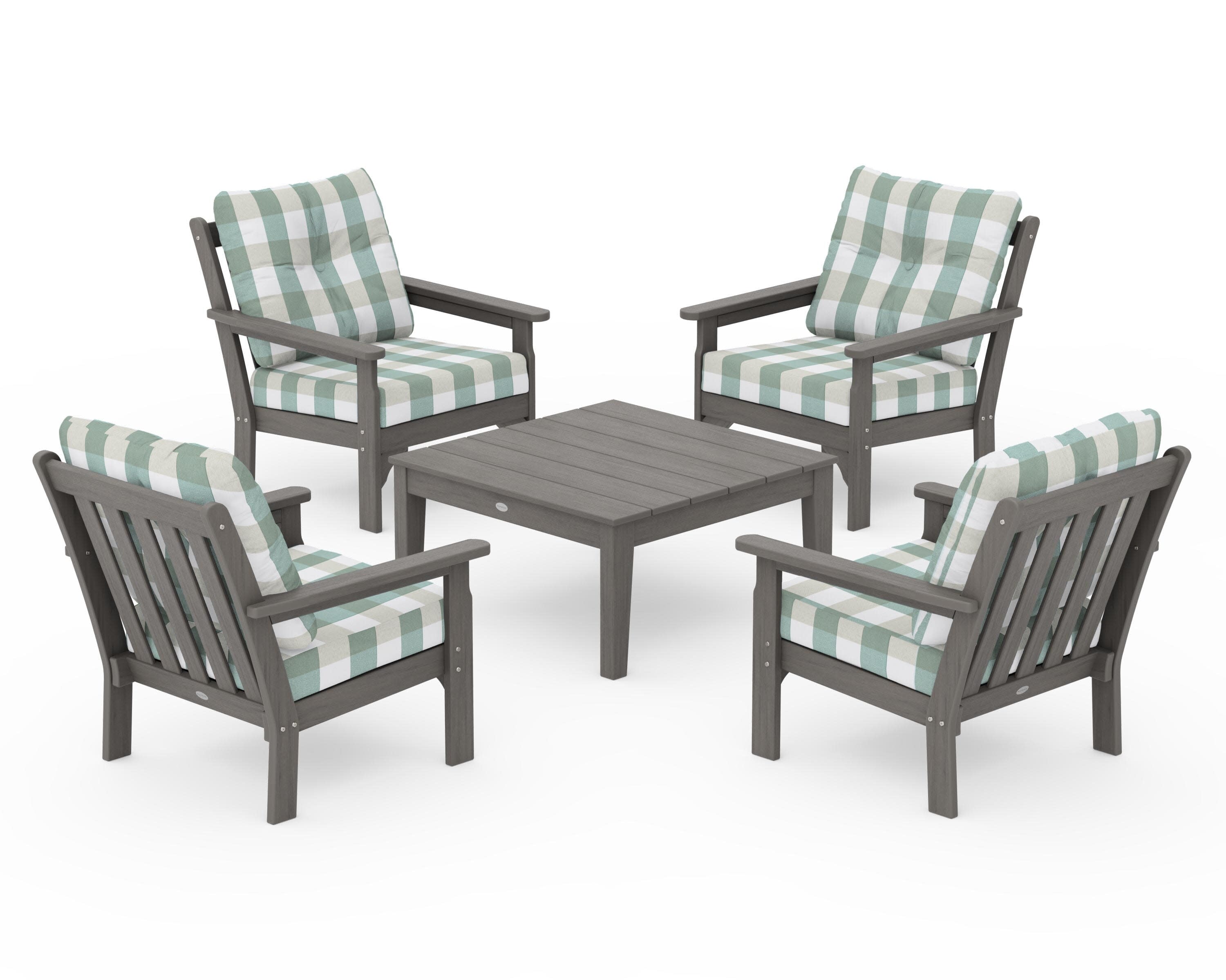 Vineyard 5-Piece Deep Seating Conversation Set in Driftwood / Buffalo Plaid Glacier Spa