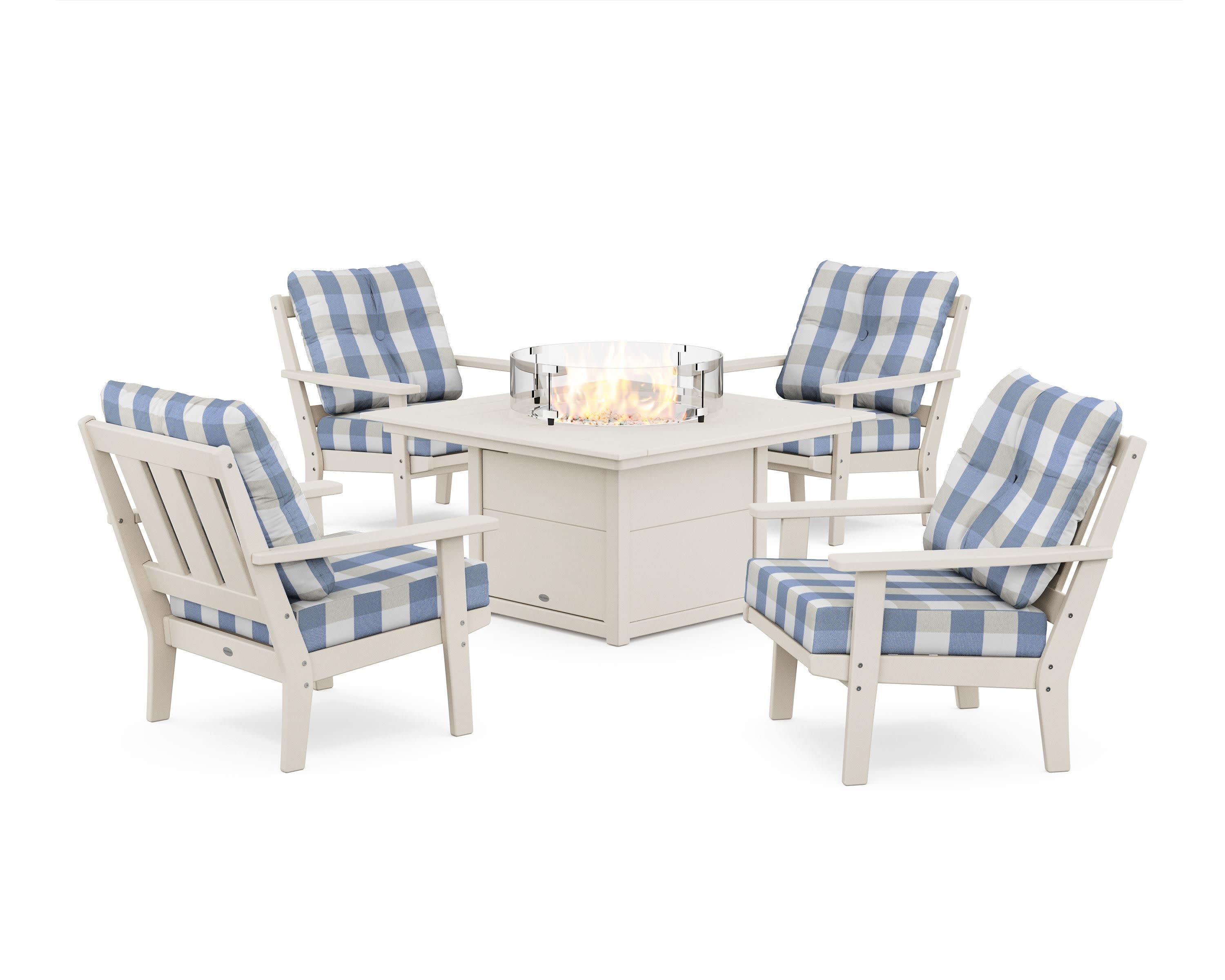 Oxford 5-Piece Deep Seating Set with Fire Pit Table in Sand / Buffalo Plaid Sky Blue