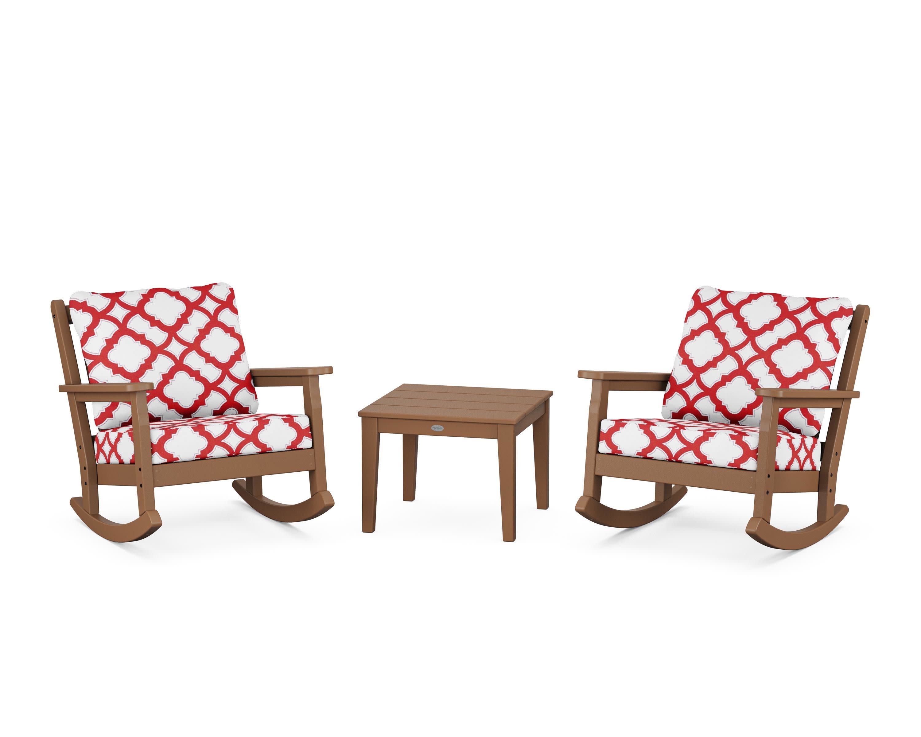 Chippendale 3-Piece Deep Seating Rocker Set in Teak / Trellis Crimson