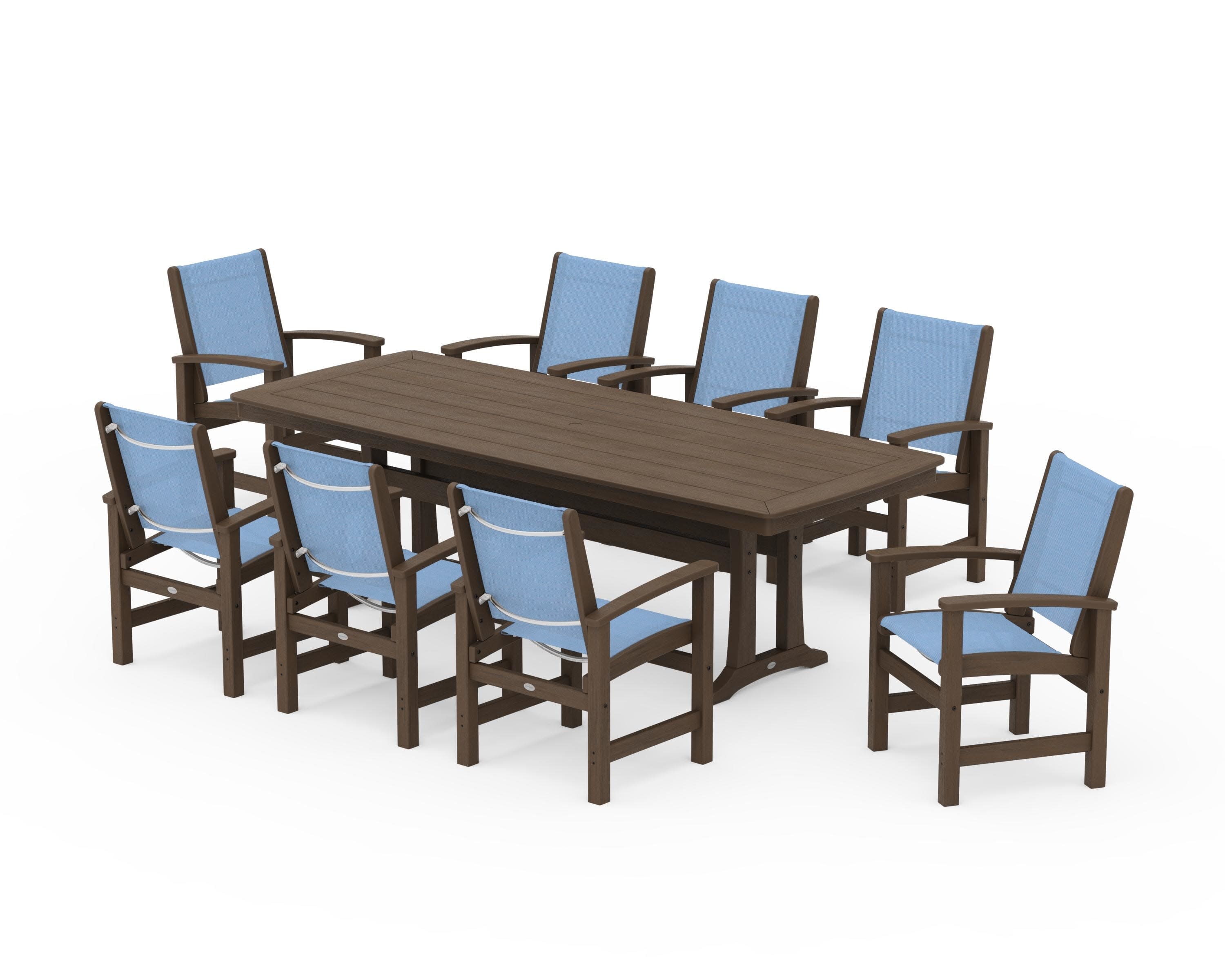 Coastal 9-Piece Dining Set with Trestle Legs in Kona / Poolside Sling