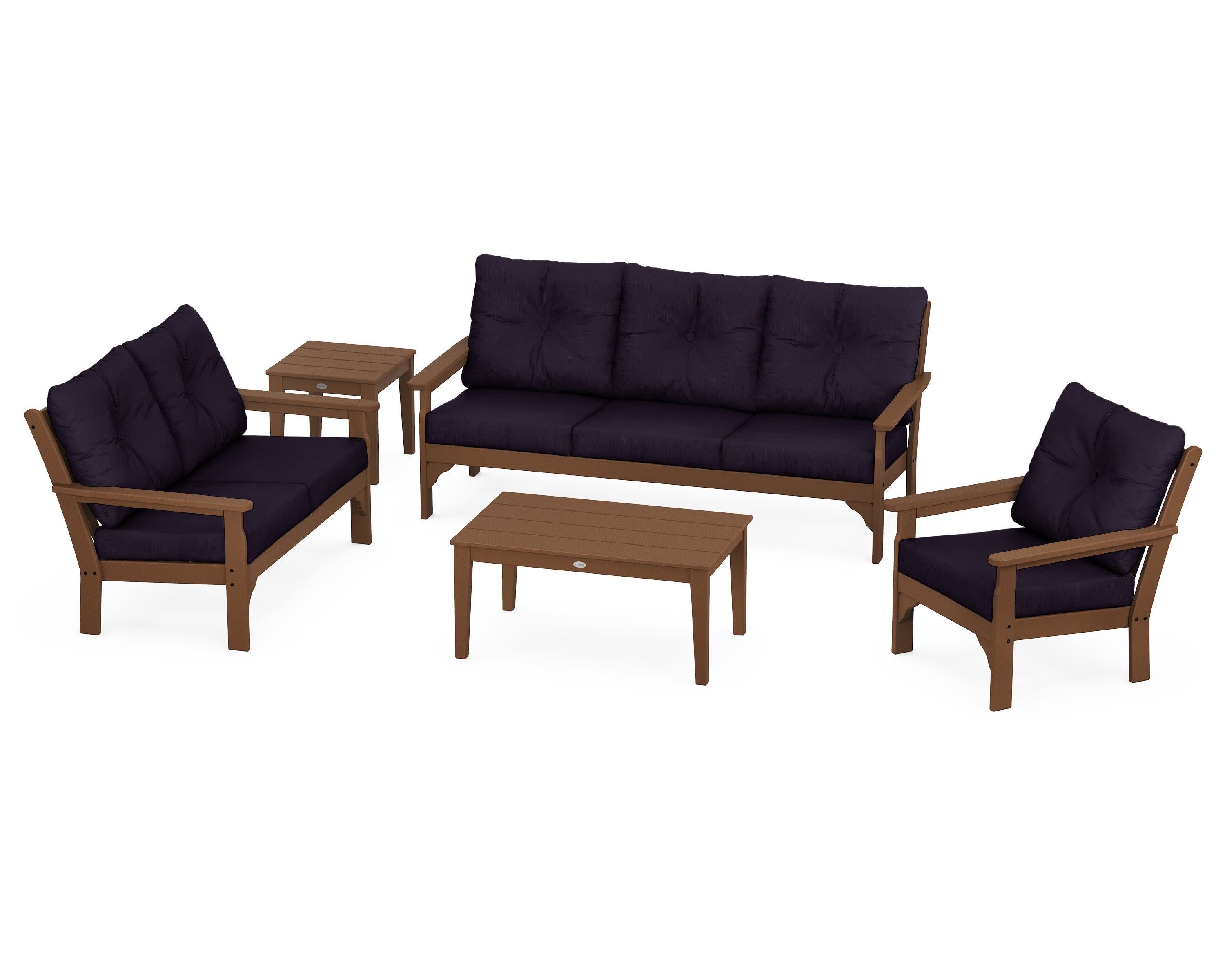 Vineyard 5 Piece Deep Seating Set in Teak / Navy Linen
