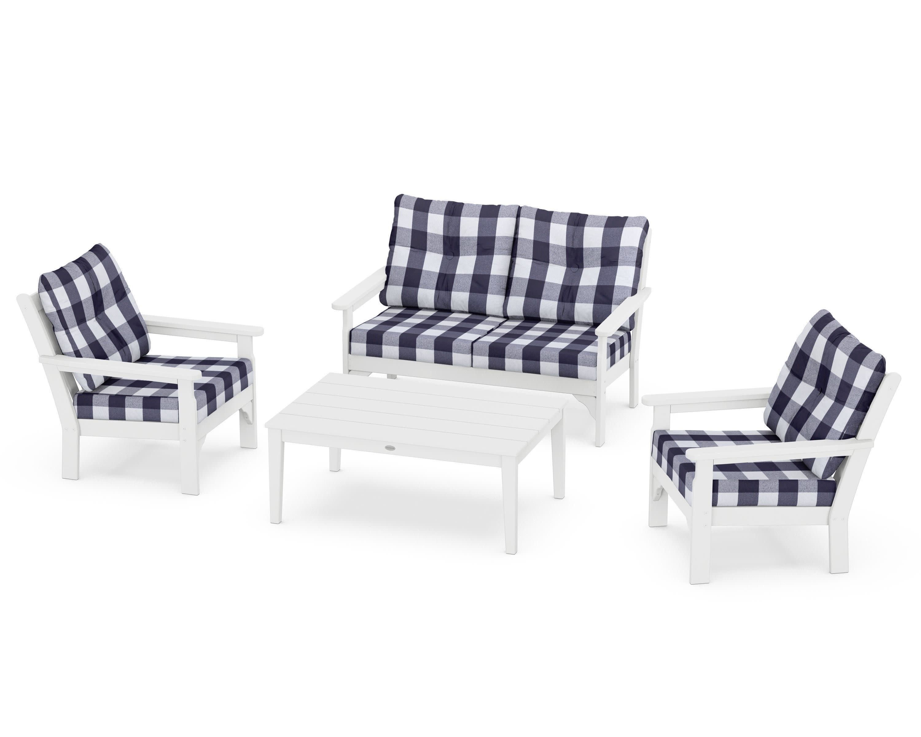 Vineyard 4-Piece Deep Seating Set in White / Buffalo Plaid Navy