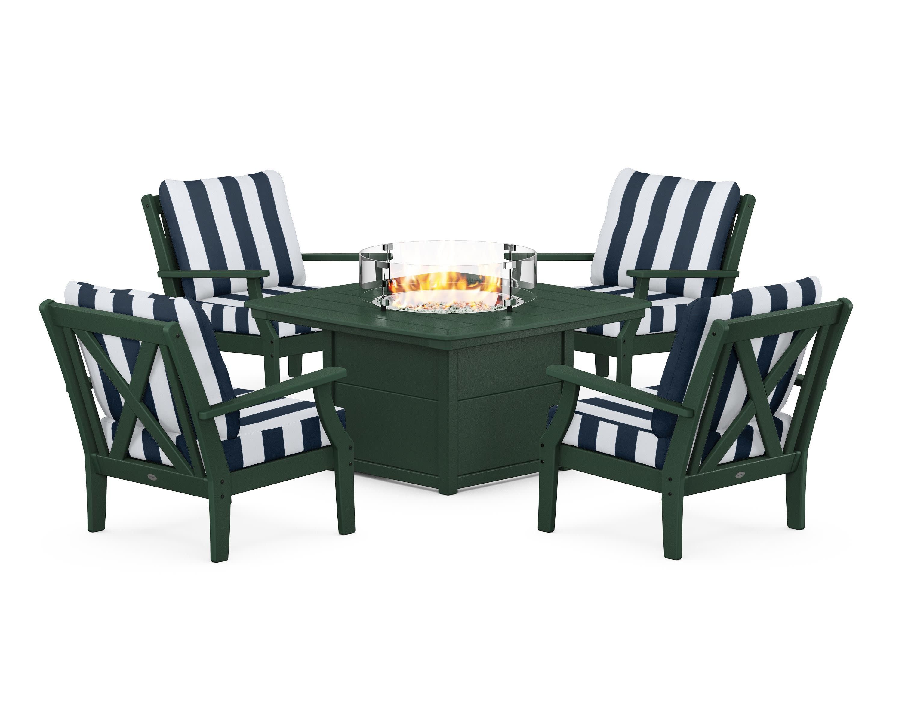 Braxton 5-Piece Deep Seating Conversation Set with Fire Pit Table in Green / Cabana Stripe Marine Indigo