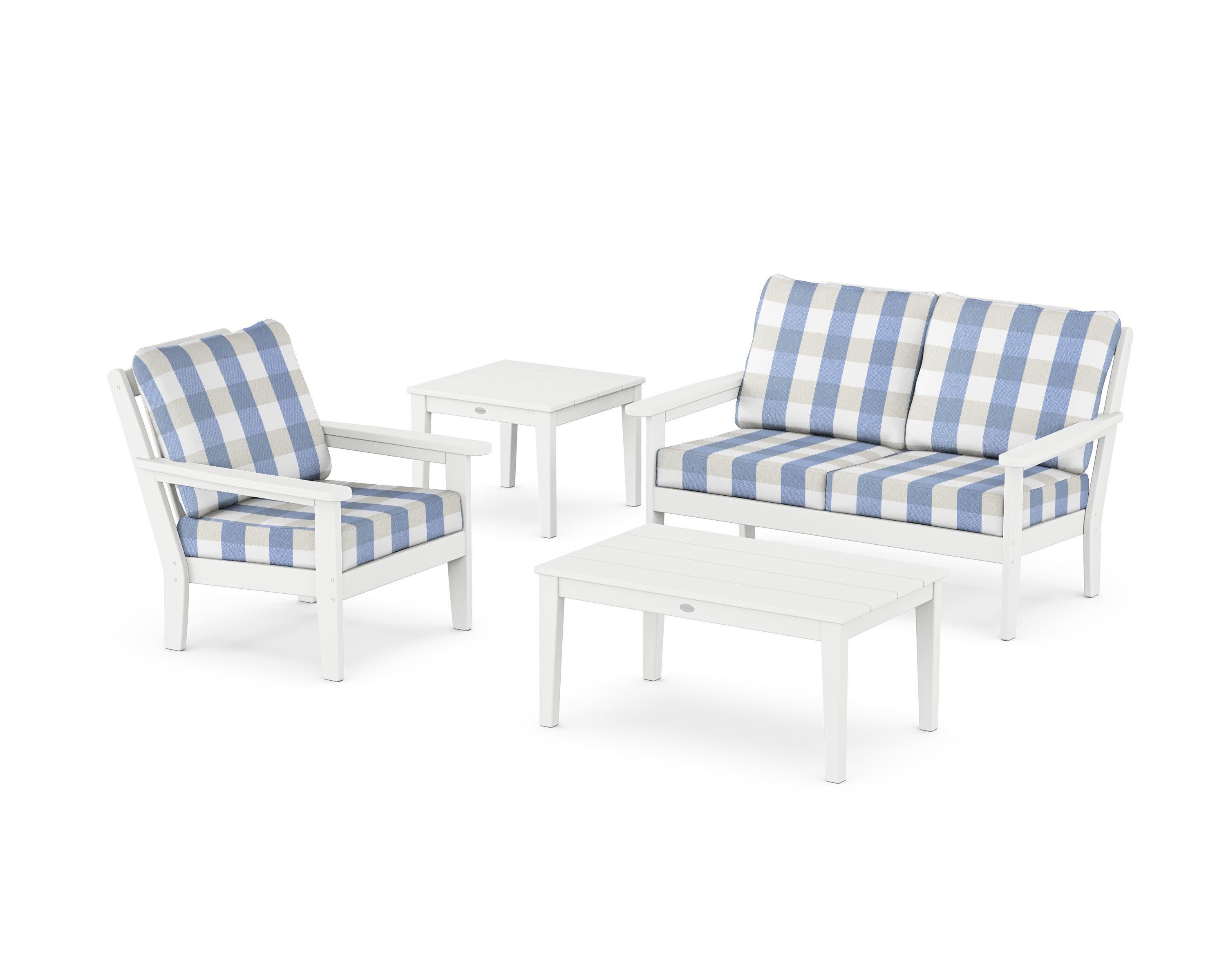 Wovendale 4-Piece Deep Seating Set in White / Buffalo Plaid Sky Blue