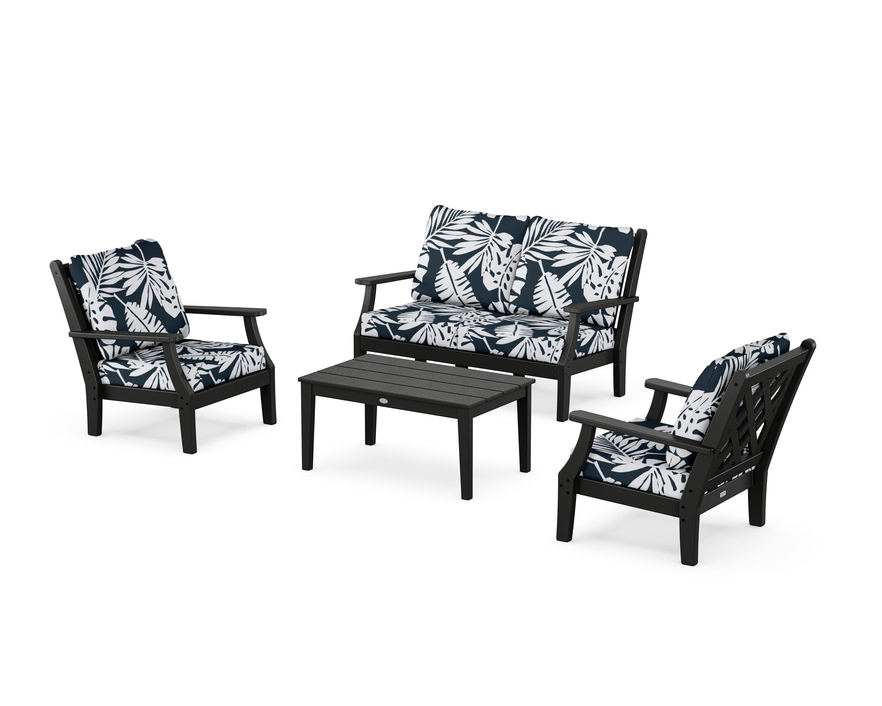 Wovendale 4-Piece Deep Seating Set with Loveseat in Black / Leaf Marine Indigo