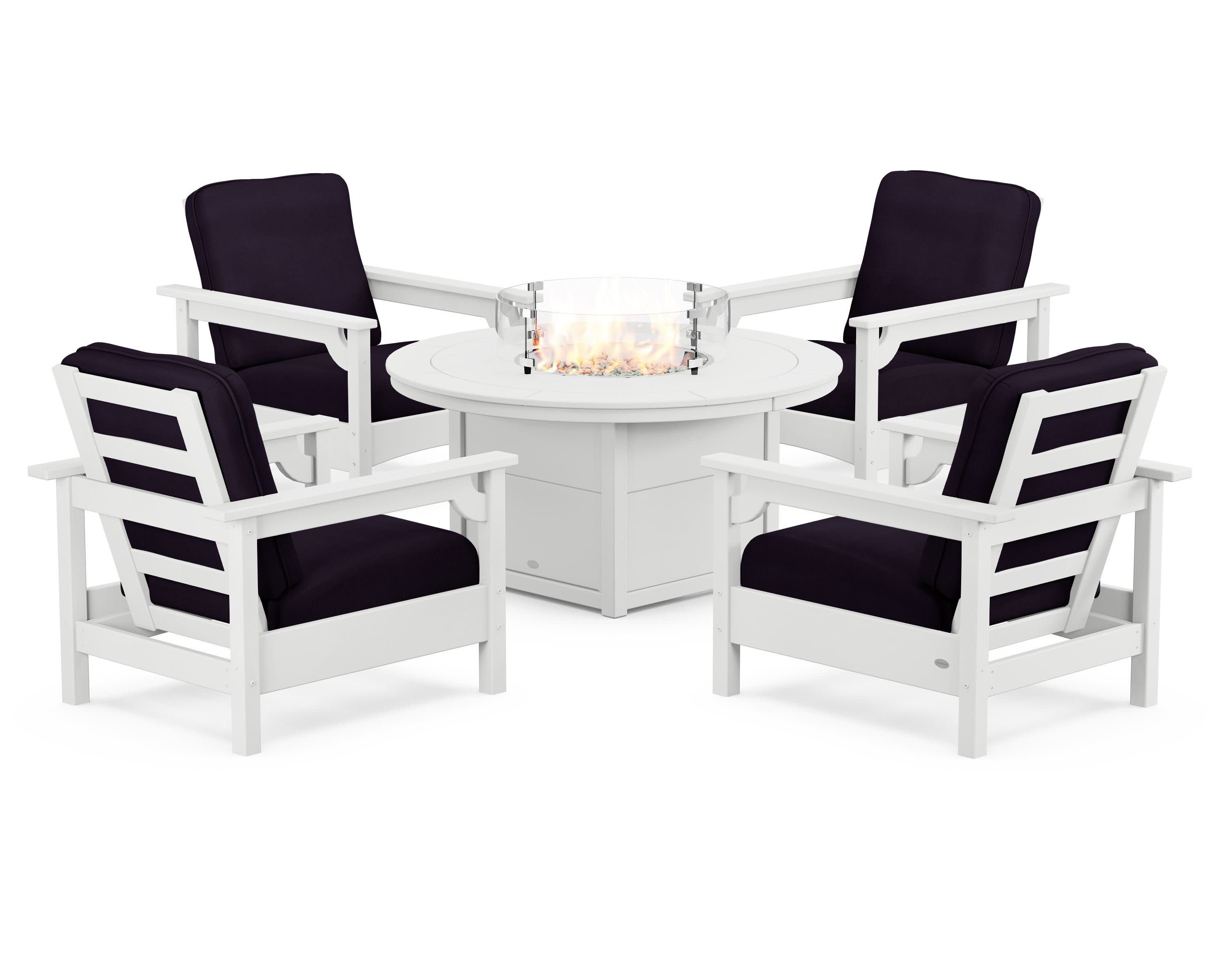Club 5-Piece Conversation Set with Fire Pit Table in White / Navy Linen