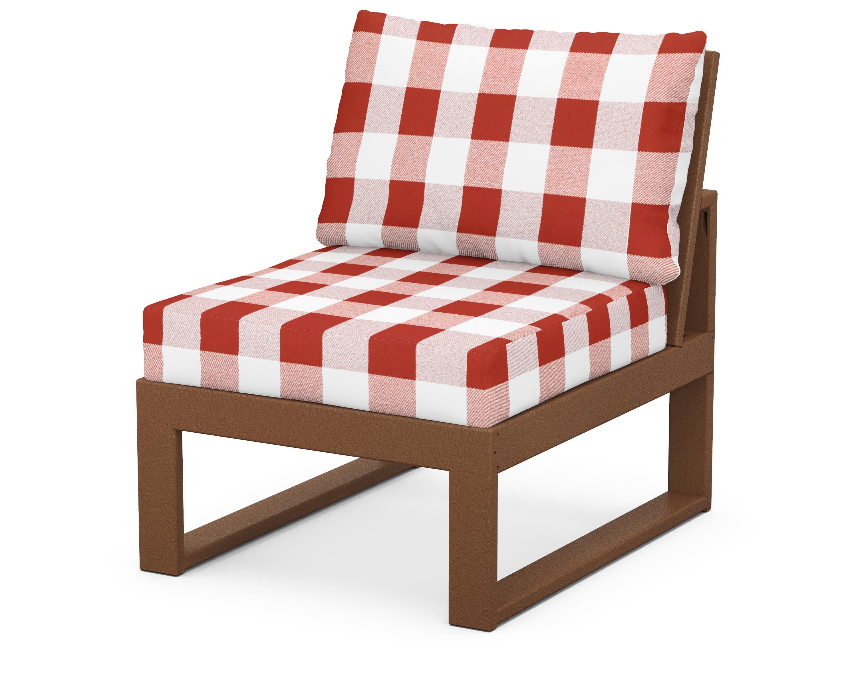 Modular Armless Chair in Teak / Buffalo Plaid Crimson