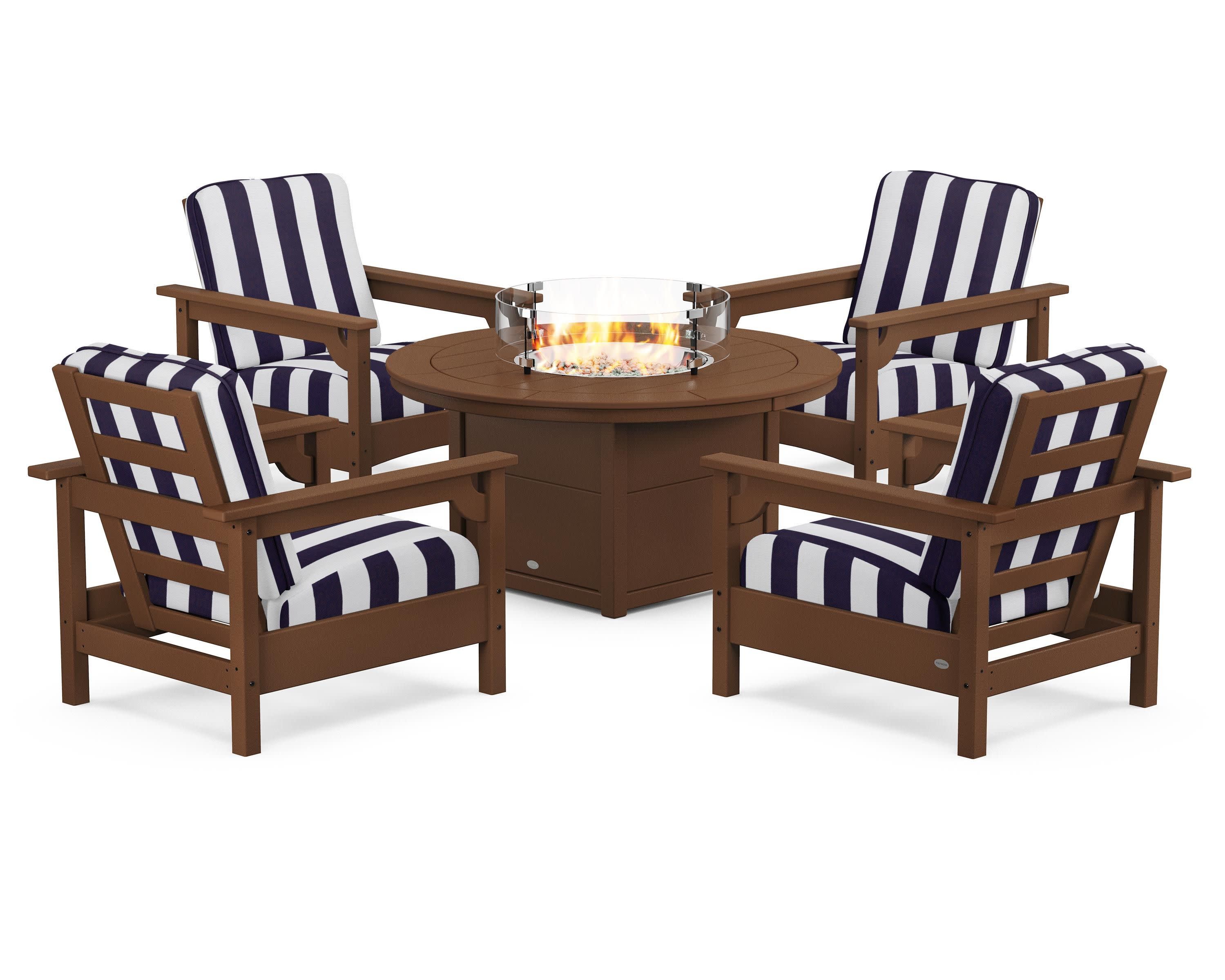 Club 5-Piece Conversation Set with Fire Pit Table in Teak / Cabana Stripe Navy