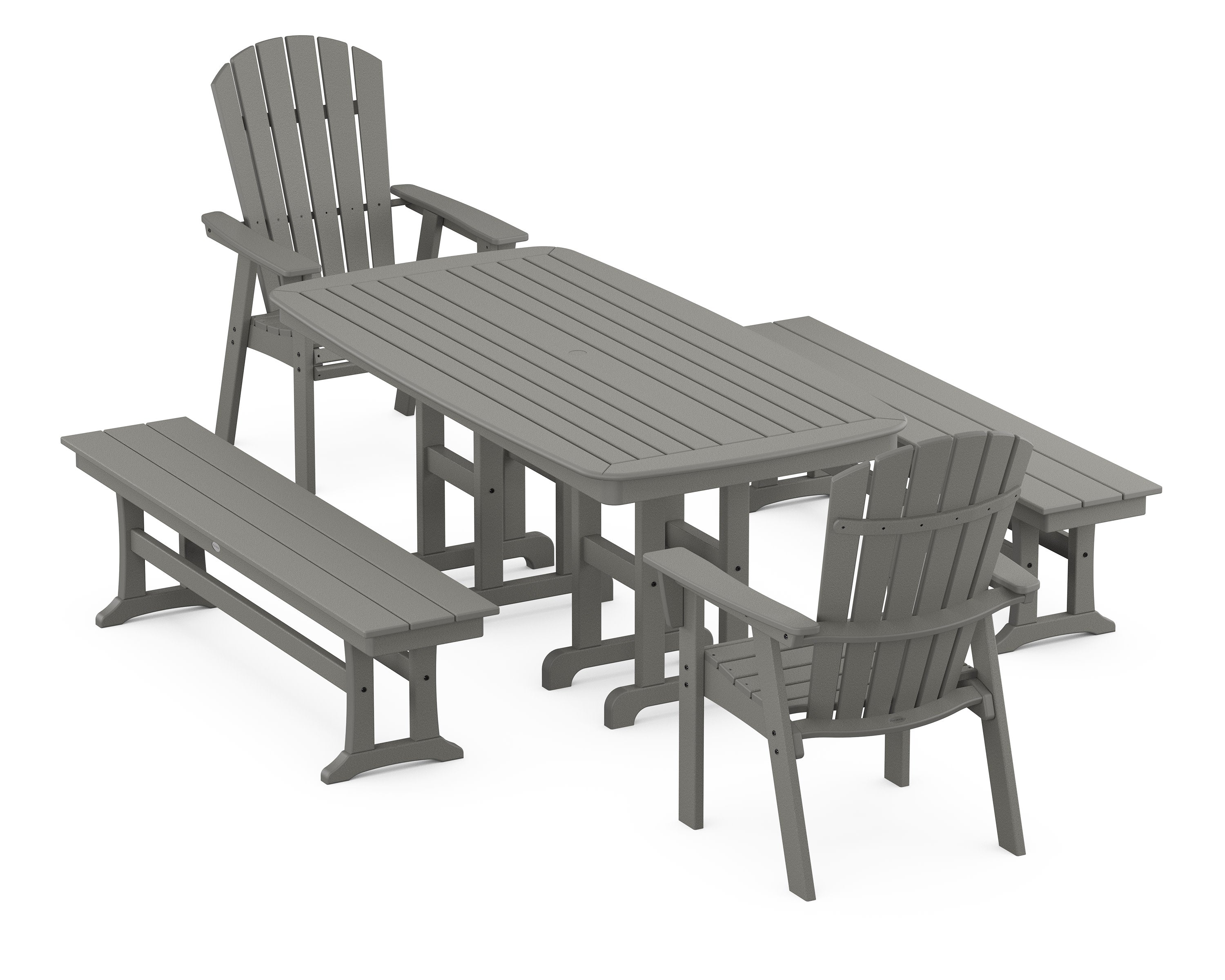 Nautical Curveback Adirondack 5-Piece Dining Set with Benches in Slate Grey