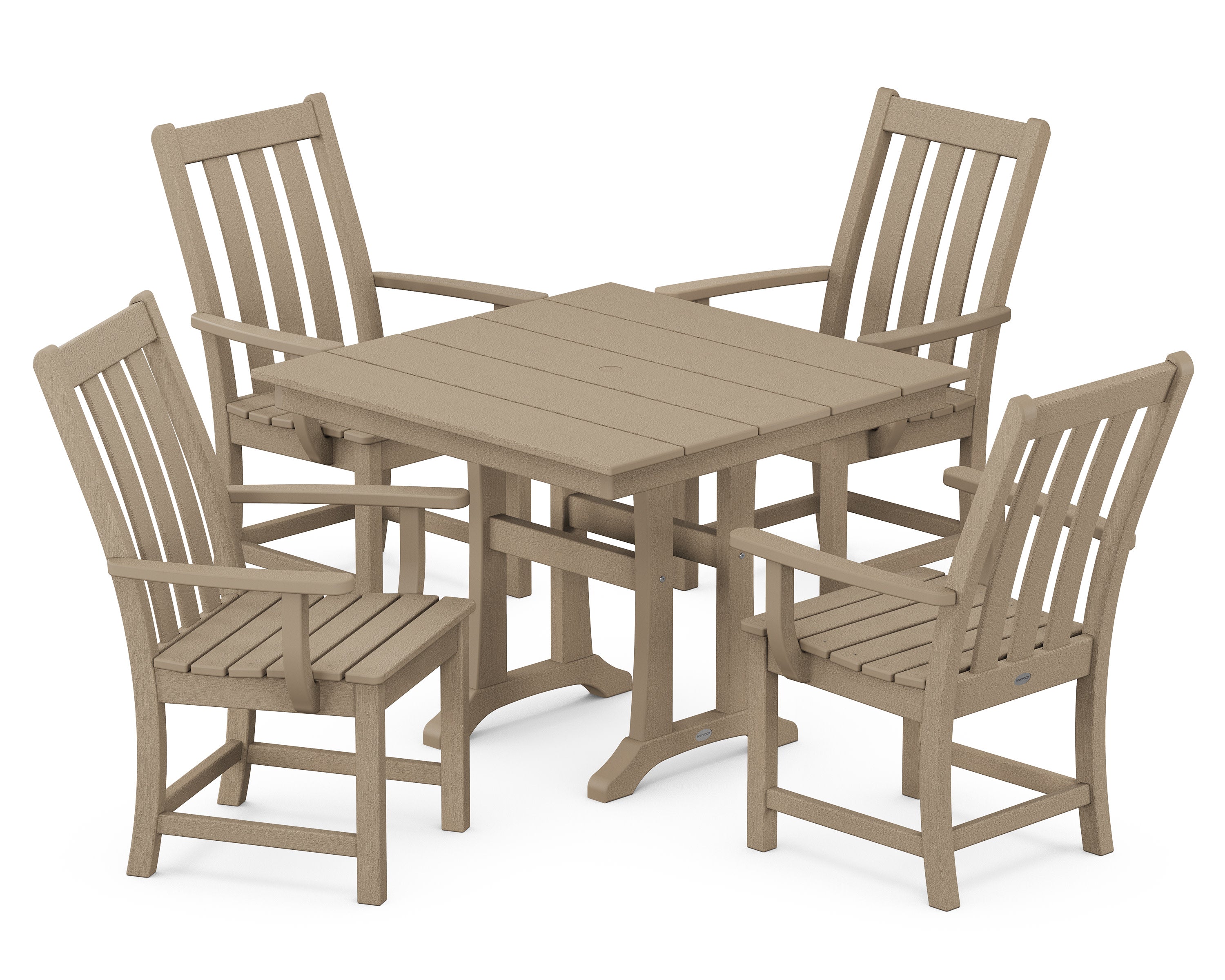 Vineyard 5-Piece Farmhouse Trestle Arm Chair Dining Set in Vintage Sahara