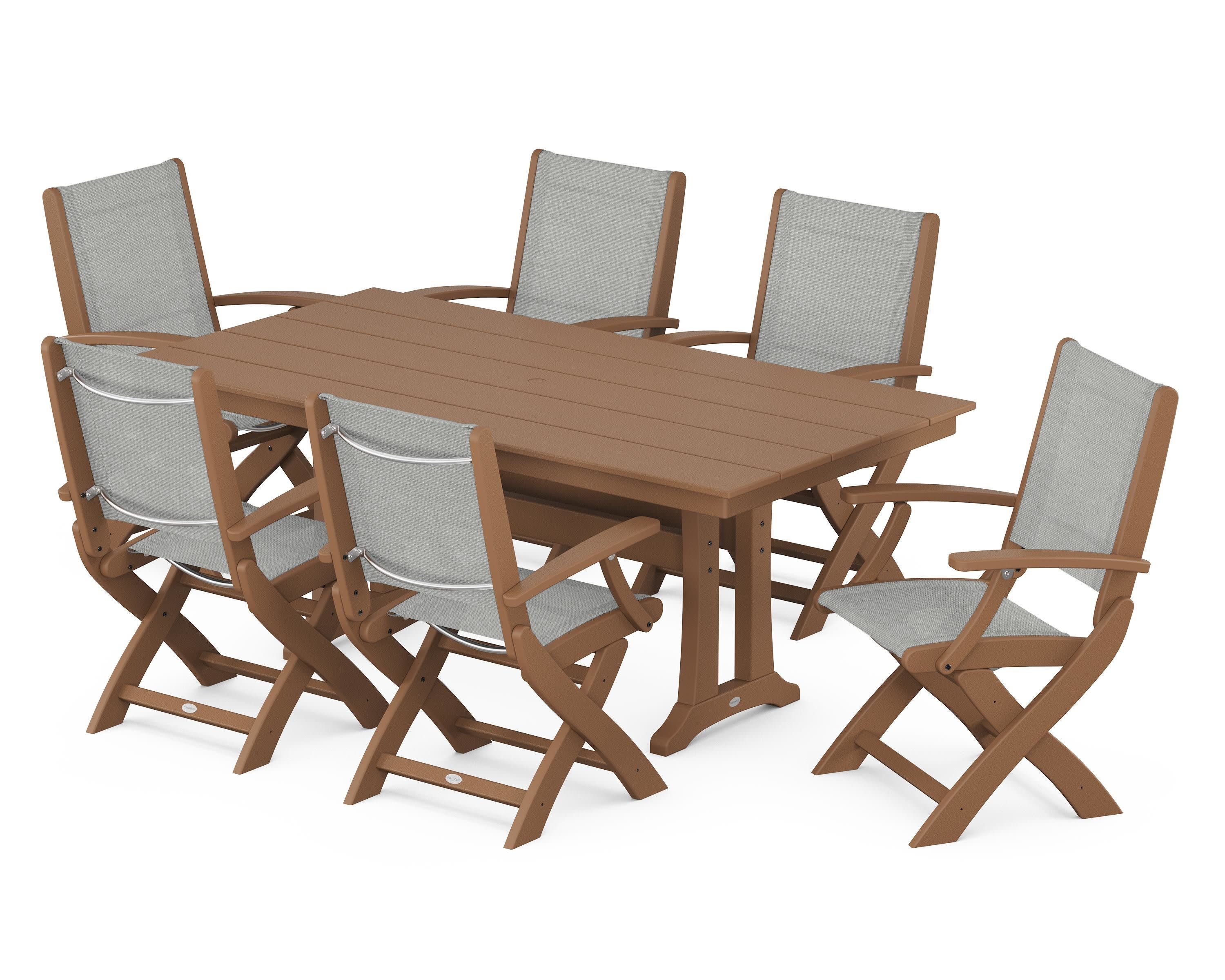 Coastal Folding Arm Chair 7-Piece Farmhouse Dining Set with Trestle Legs in Teak / Metallic Sling