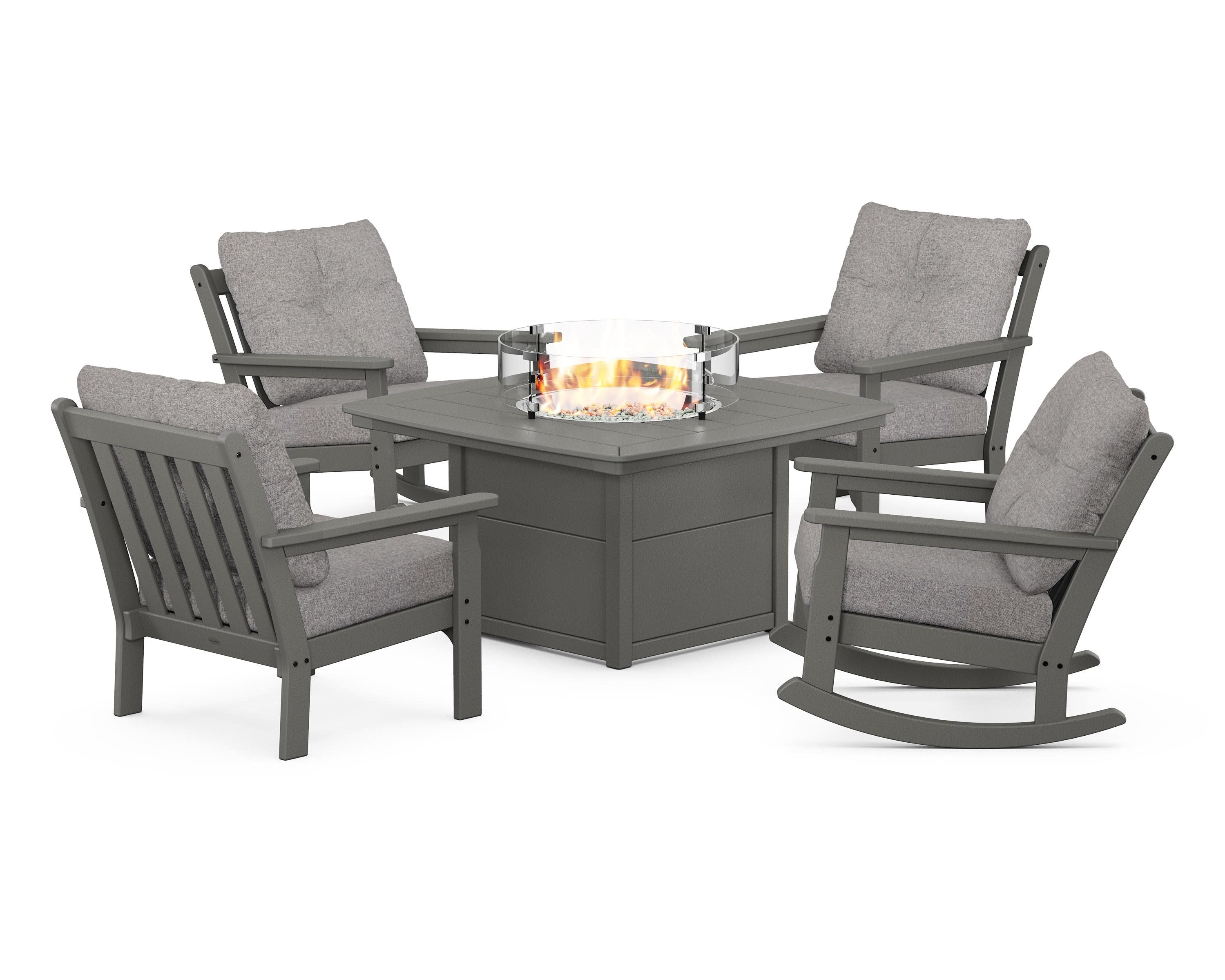 Vineyard 5-Piece Deep Seating Rocking Chair Conversation Set with Fire Pit Table in Slate Grey / Grey Mist