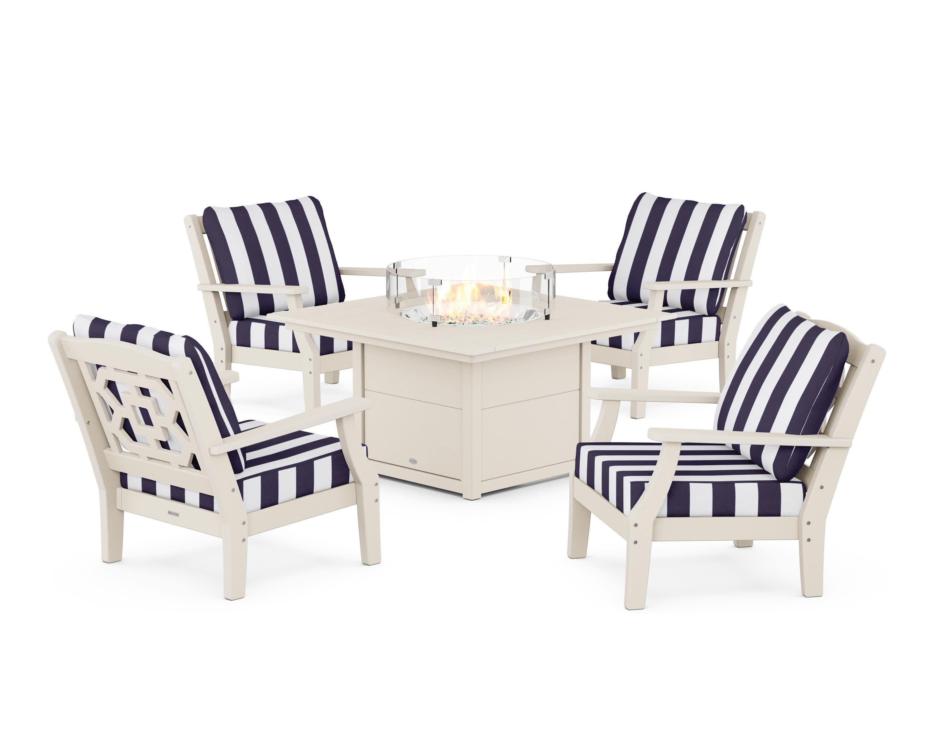 Chinoiserie 5-Piece Deep Seating Set with Fire Pit Table in Sand / Cabana Stripe Navy