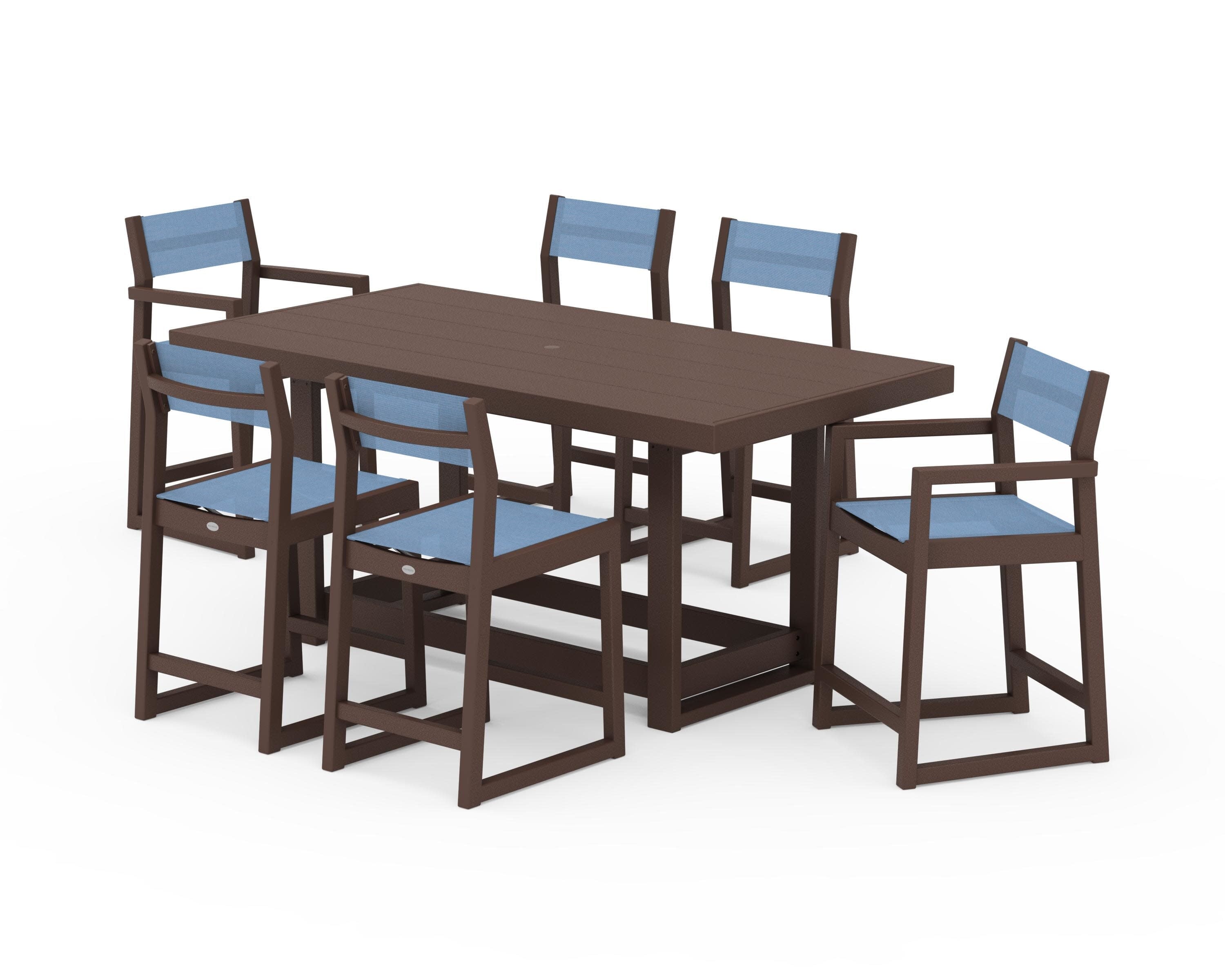 EDGE Sling 7-Piece Counter Table Set in Mahogany / Poolside Sling