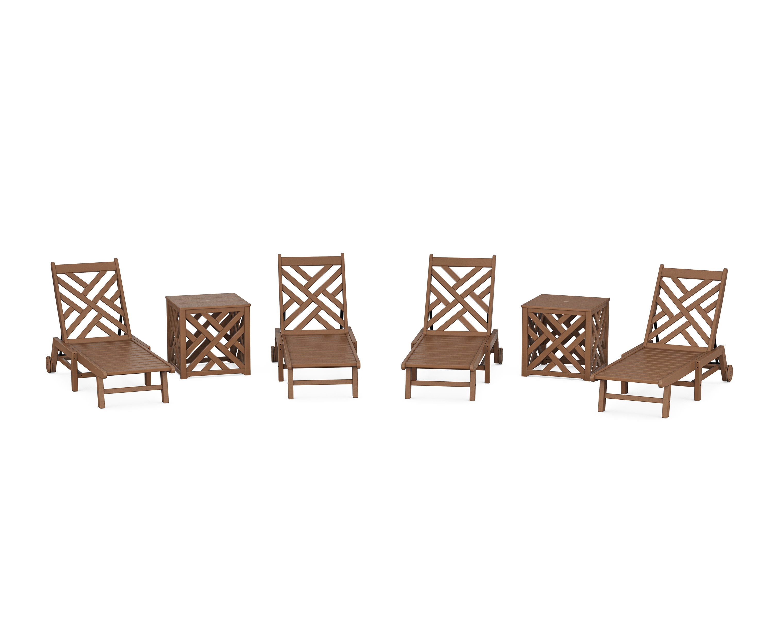 Chippendale 6-Piece Chaise Set with Wheels and Umbrella Stand Accent Table in Teak