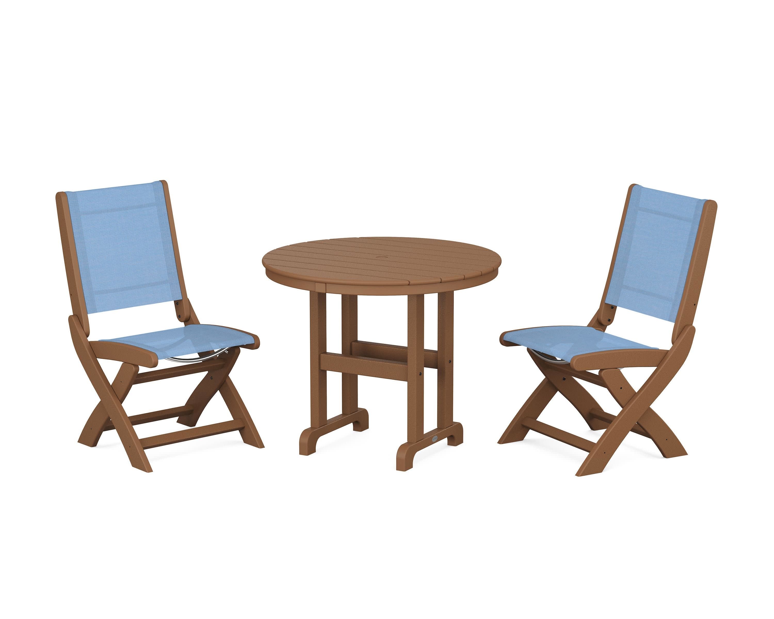 Coastal Folding Side Chair 3-Piece Round Dining Set in Teak / Poolside Sling
