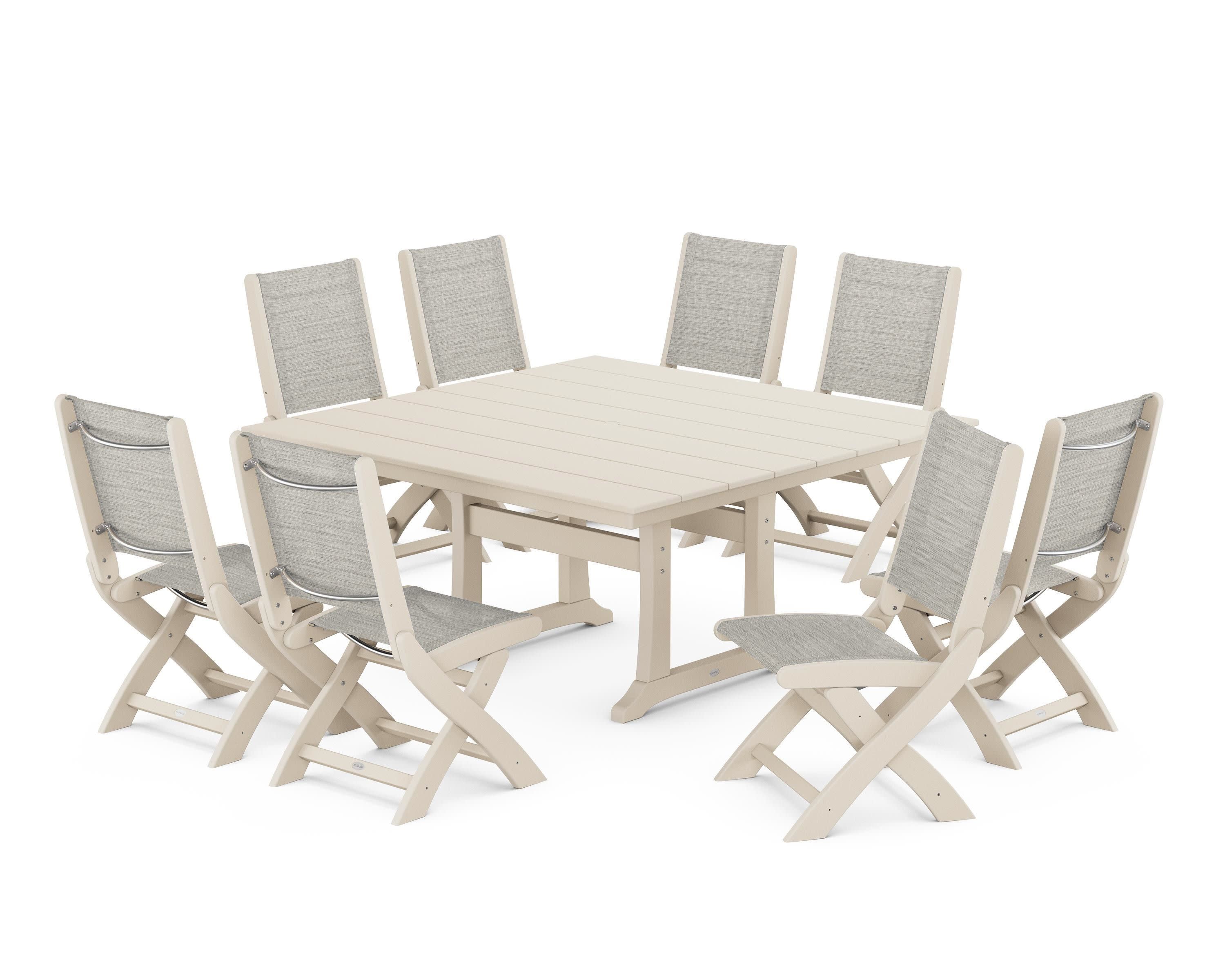 Coastal Folding Side Chair 9-Piece Farmhouse Dining Set in Sand / Birch Sling