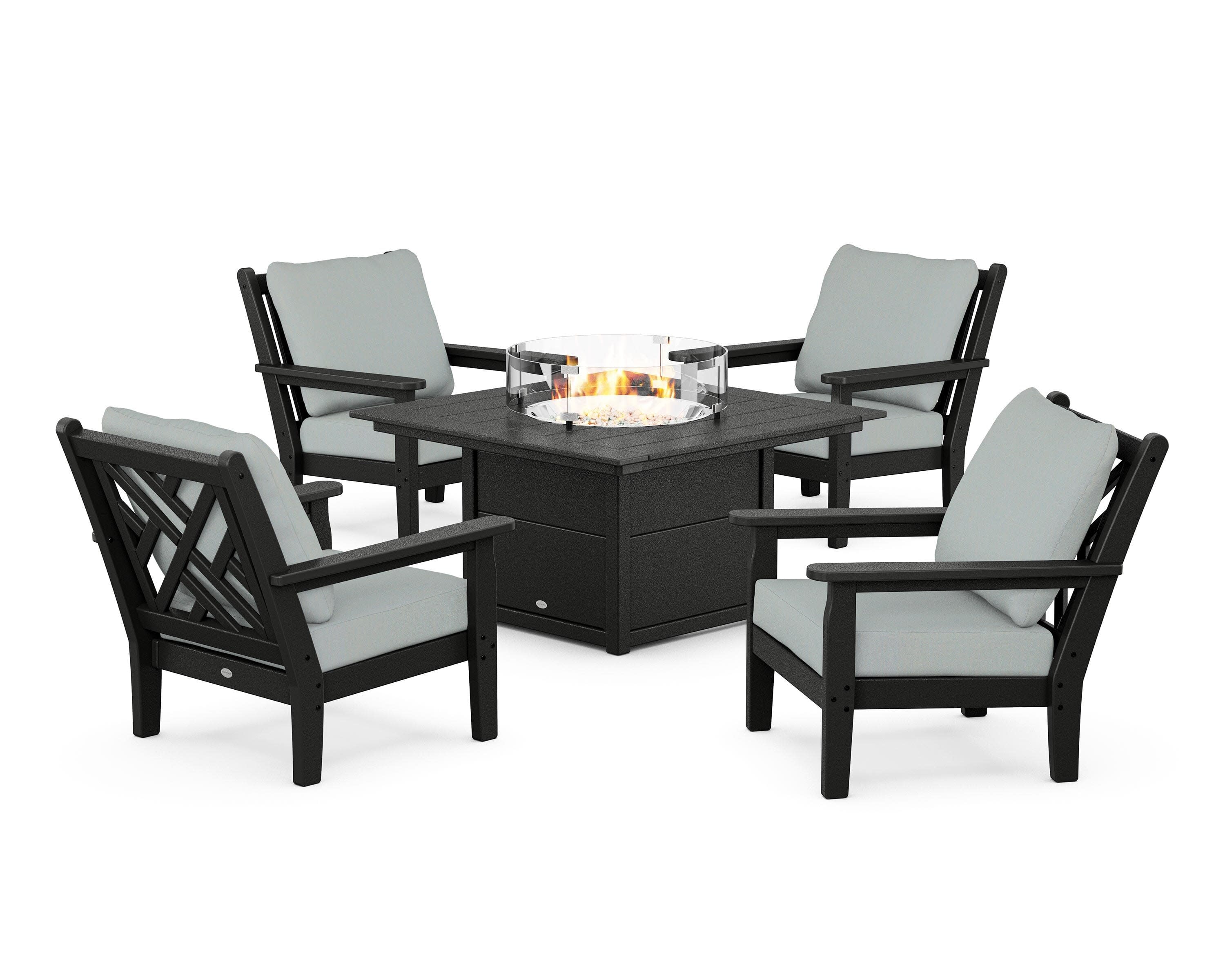 Chippendale 5-Piece Deep Seating Set with Fire Pit Table in Black / Spa