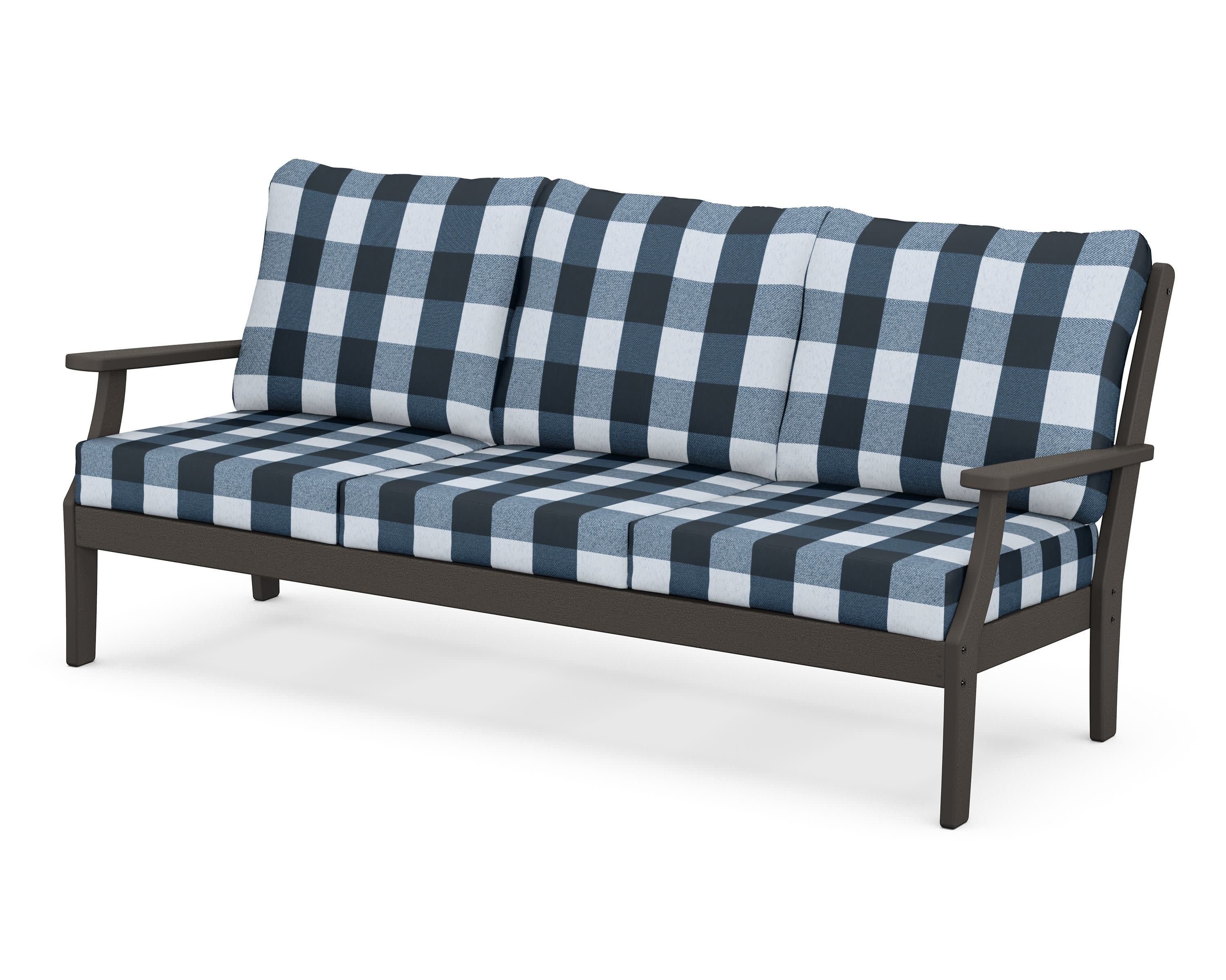 Braxton Deep Seating Sofa in Vintage Coffee / Buffalo Plaid Marine Indigo