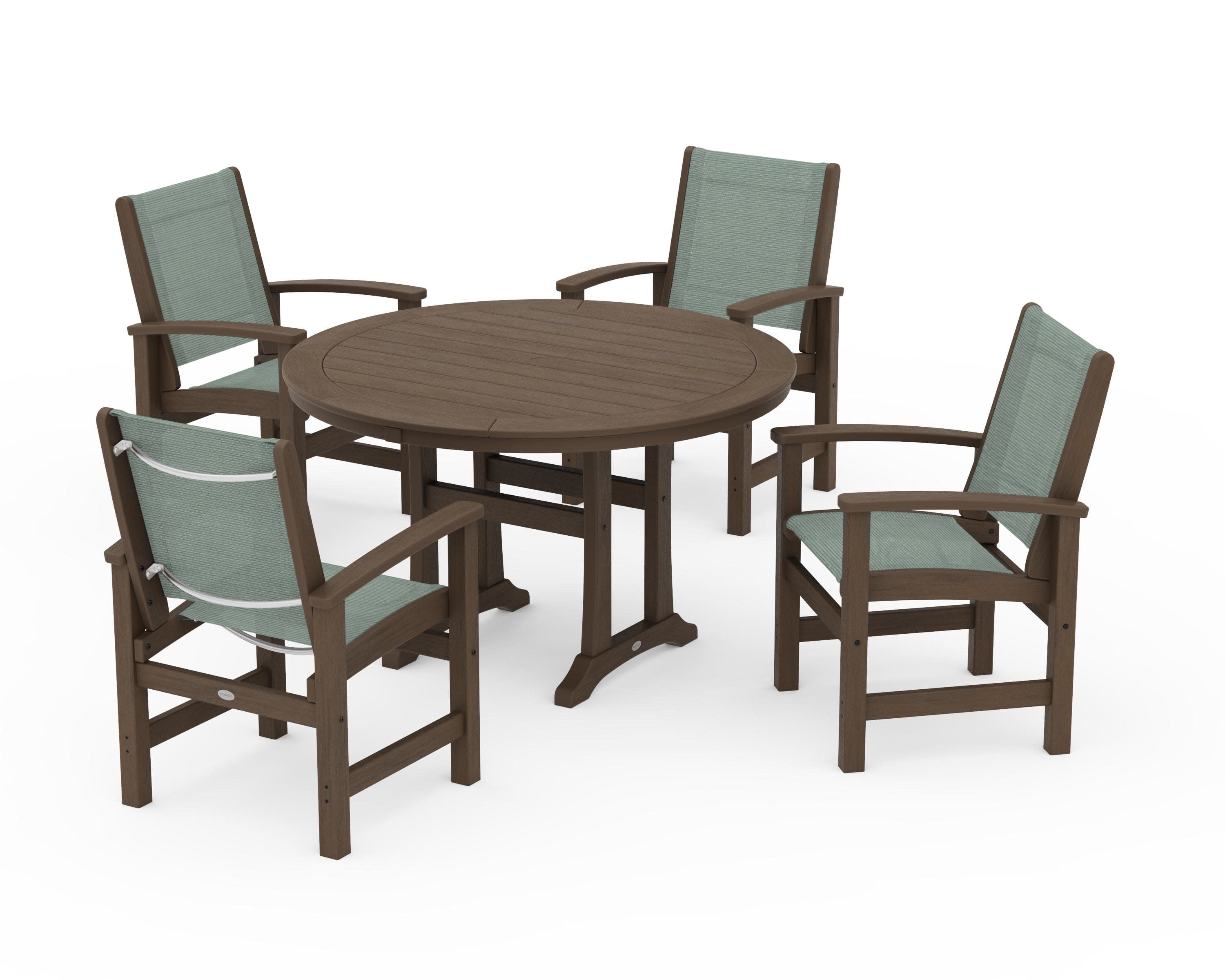 Coastal 5-Piece Round Dining Set with Trestle Legs in Kona / Dupioni Sea Mist Sling