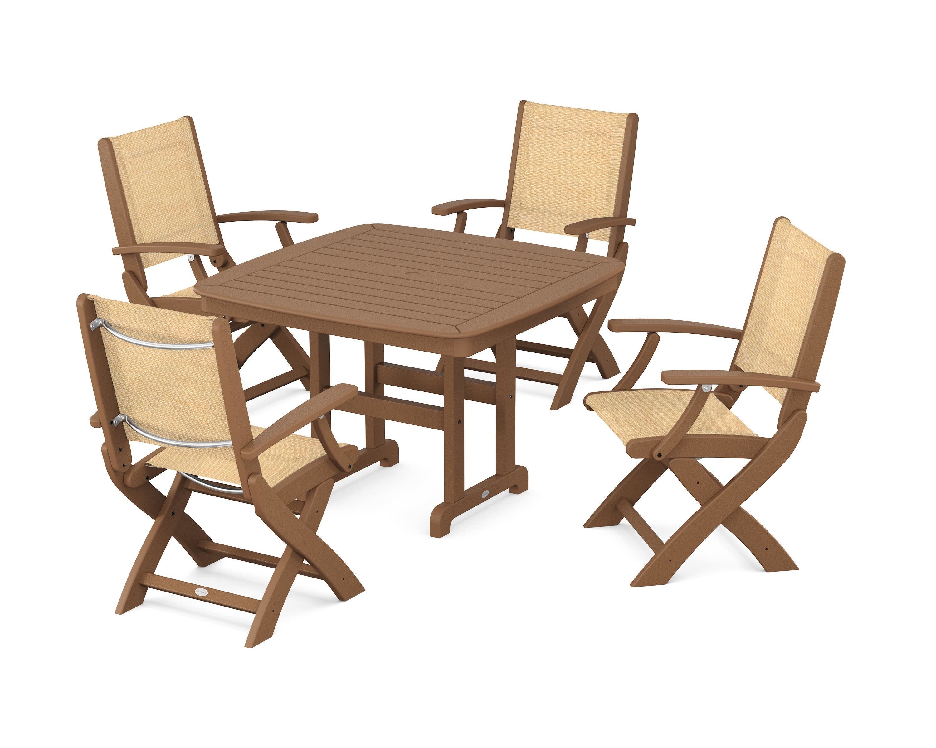 Coastal Folding Chair 5-Piece Dining Set in Teak / Dupioni Apricot Sling