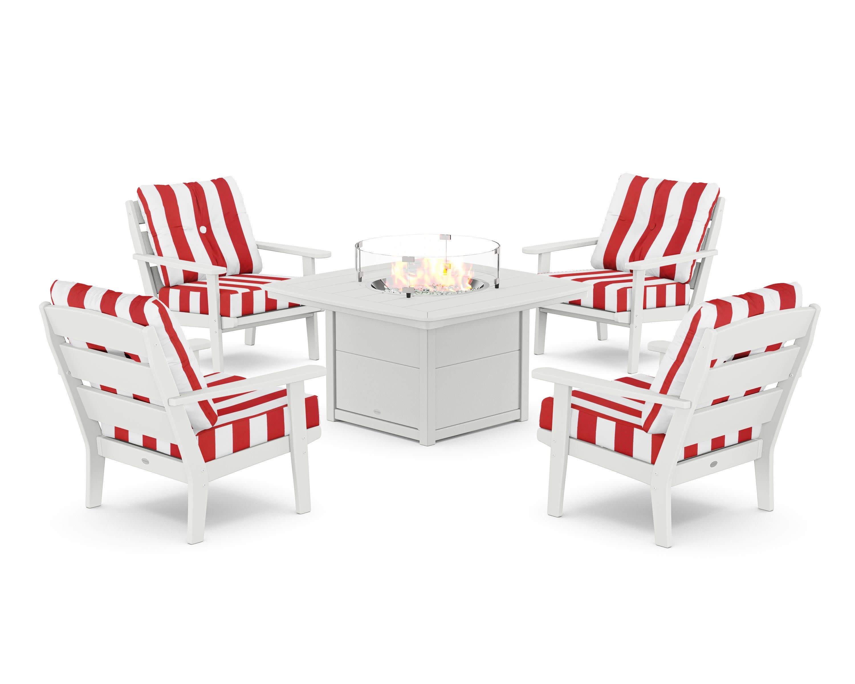 Lakeside 5-Piece Deep Seating Set with Nautical Fire Pit Table in White / Cabana Stripe Crimson