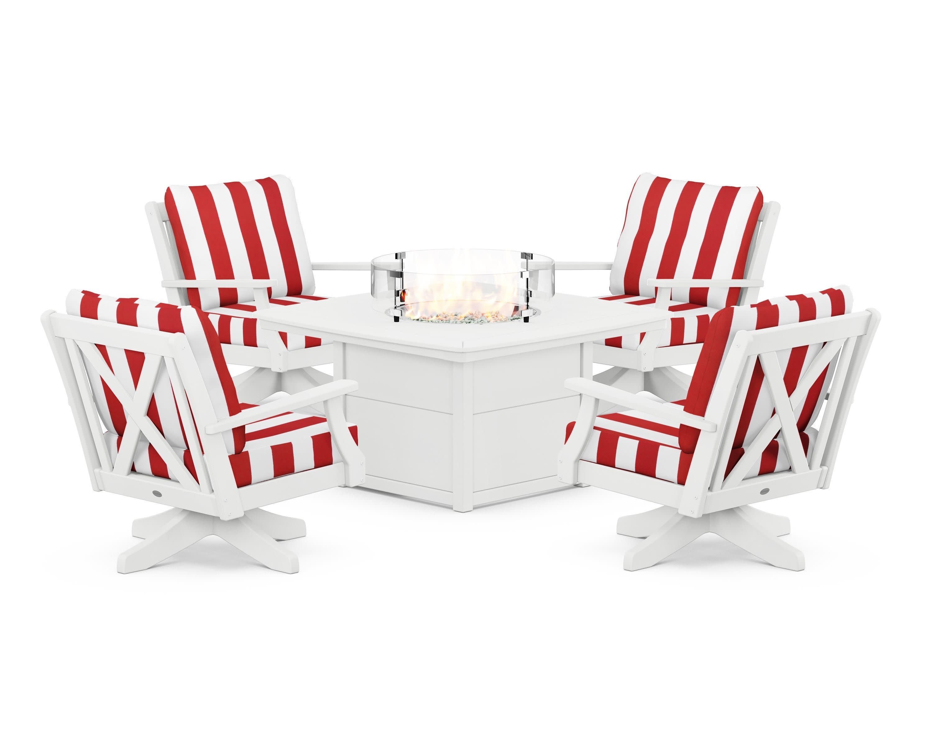 Braxton 5-Piece Deep Seating Swivel Conversation Set with Fire Pit Table in White / Cabana Stripe Crimson