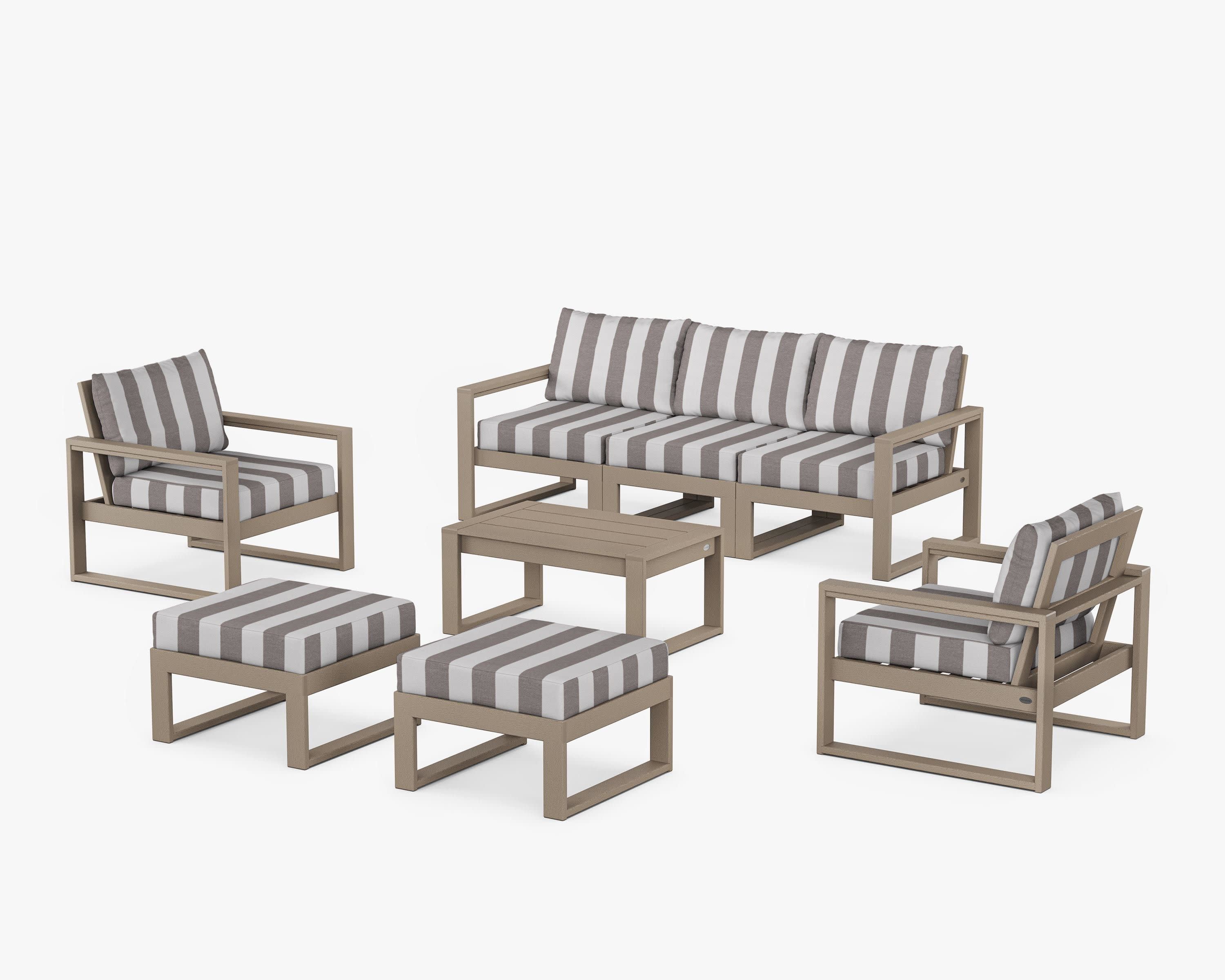 EDGE Sectional 8-Piece Lounge Sofa Set in Vintage Sahara / Cabana Stripe Grey Mist
