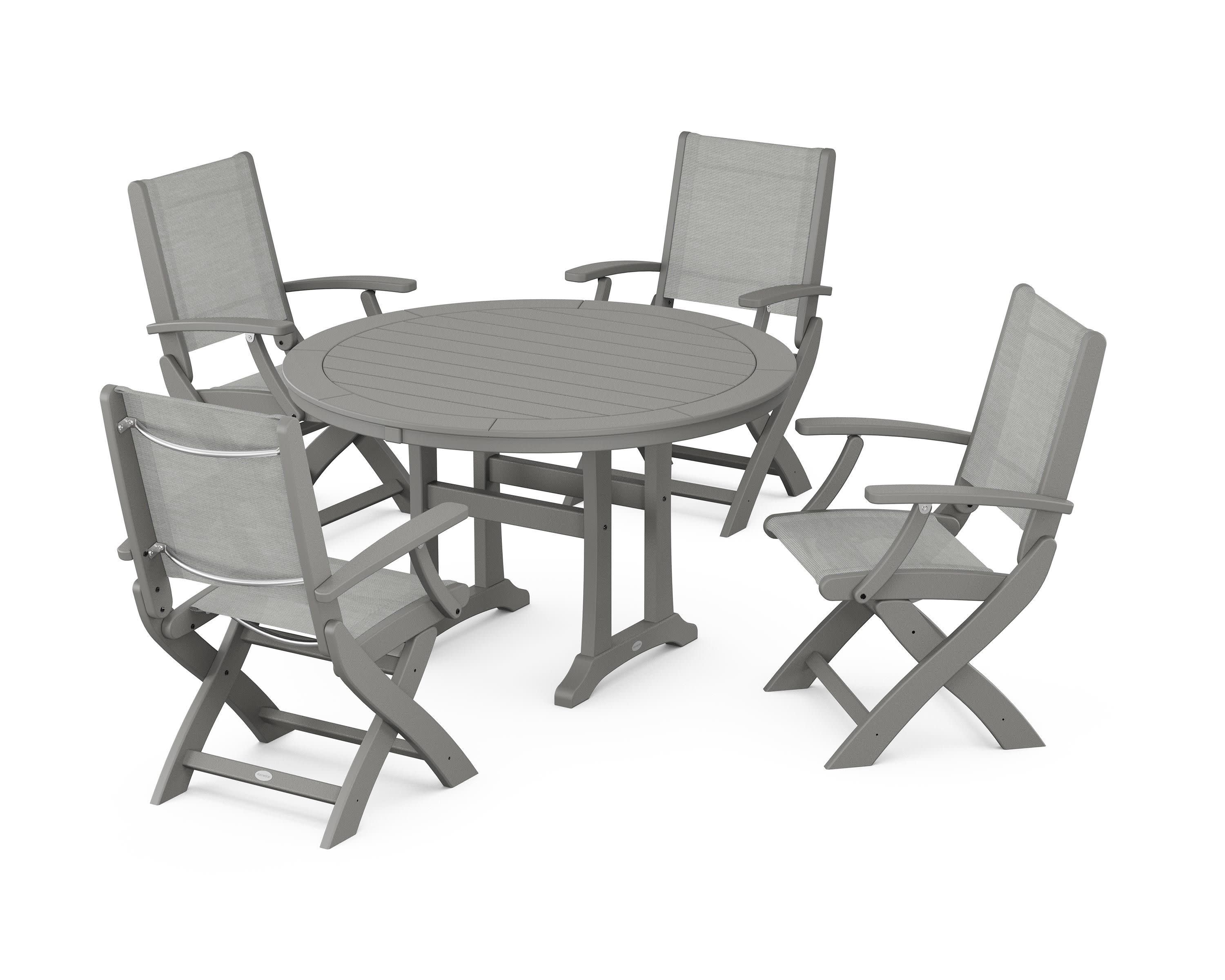 Coastal Folding Chair 5-Piece Round Dining Set with Trestle Legs in Slate Grey / Metallic Sling