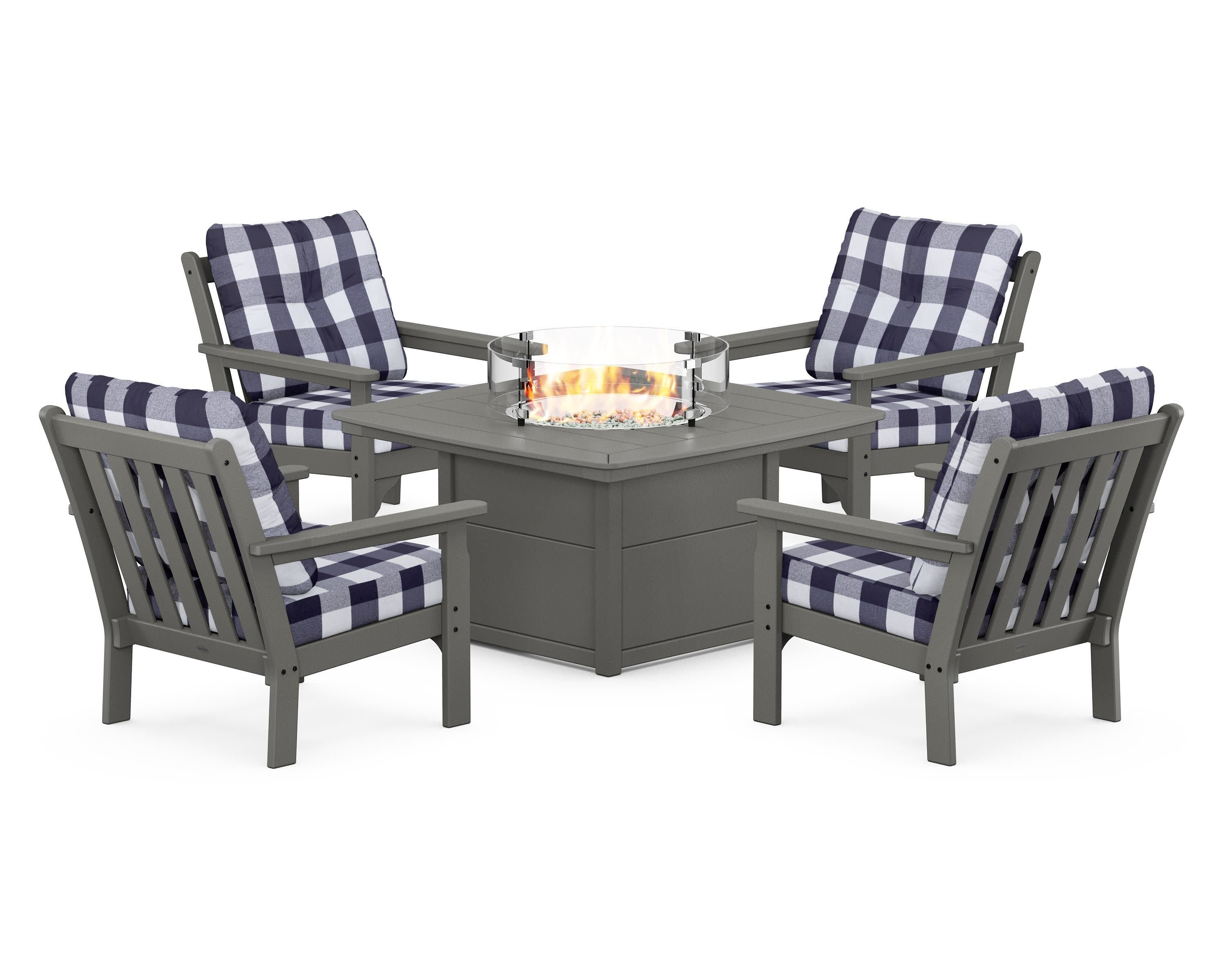 Vineyard 5-Piece Conversation Set with Fire Pit Table in Slate Grey / Buffalo Plaid Navy
