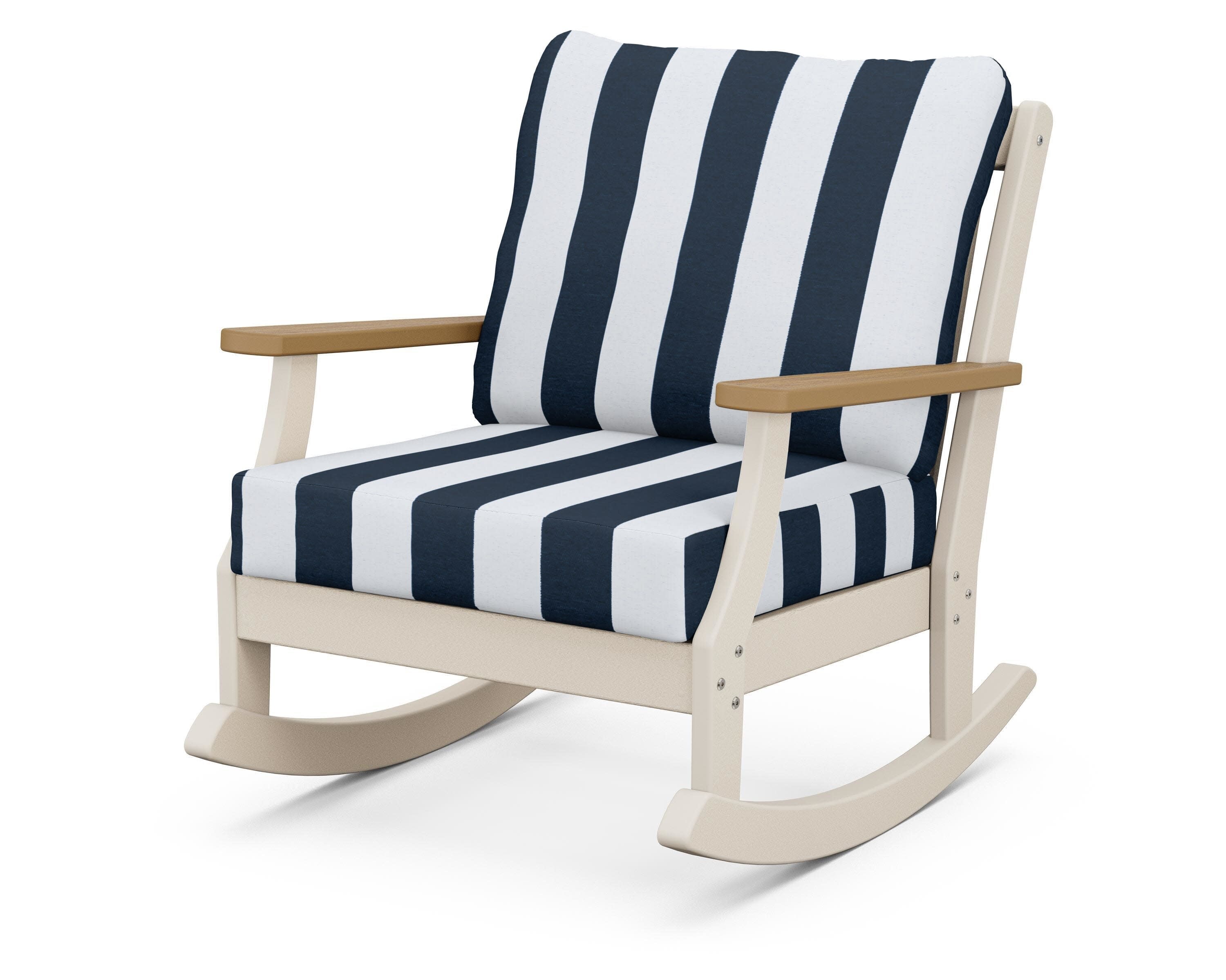 Braxton Deep Seating Rocking Chair in Sand / Natural / Cabana Stripe Marine Indigo