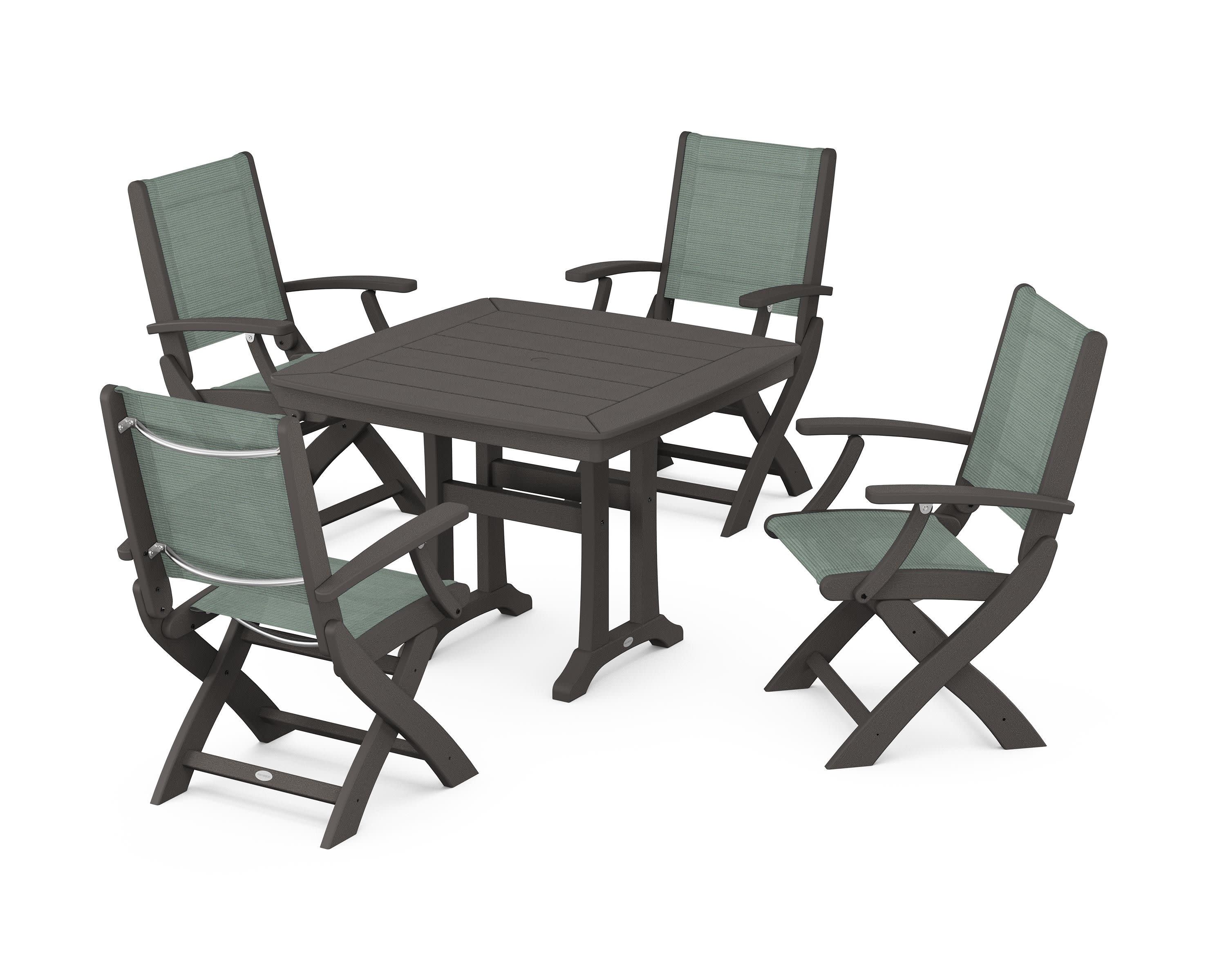 Coastal Folding Chair 5-Piece Dining Set with Trestle Legs in Vintage Coffee / Dupioni Sea Mist Sling