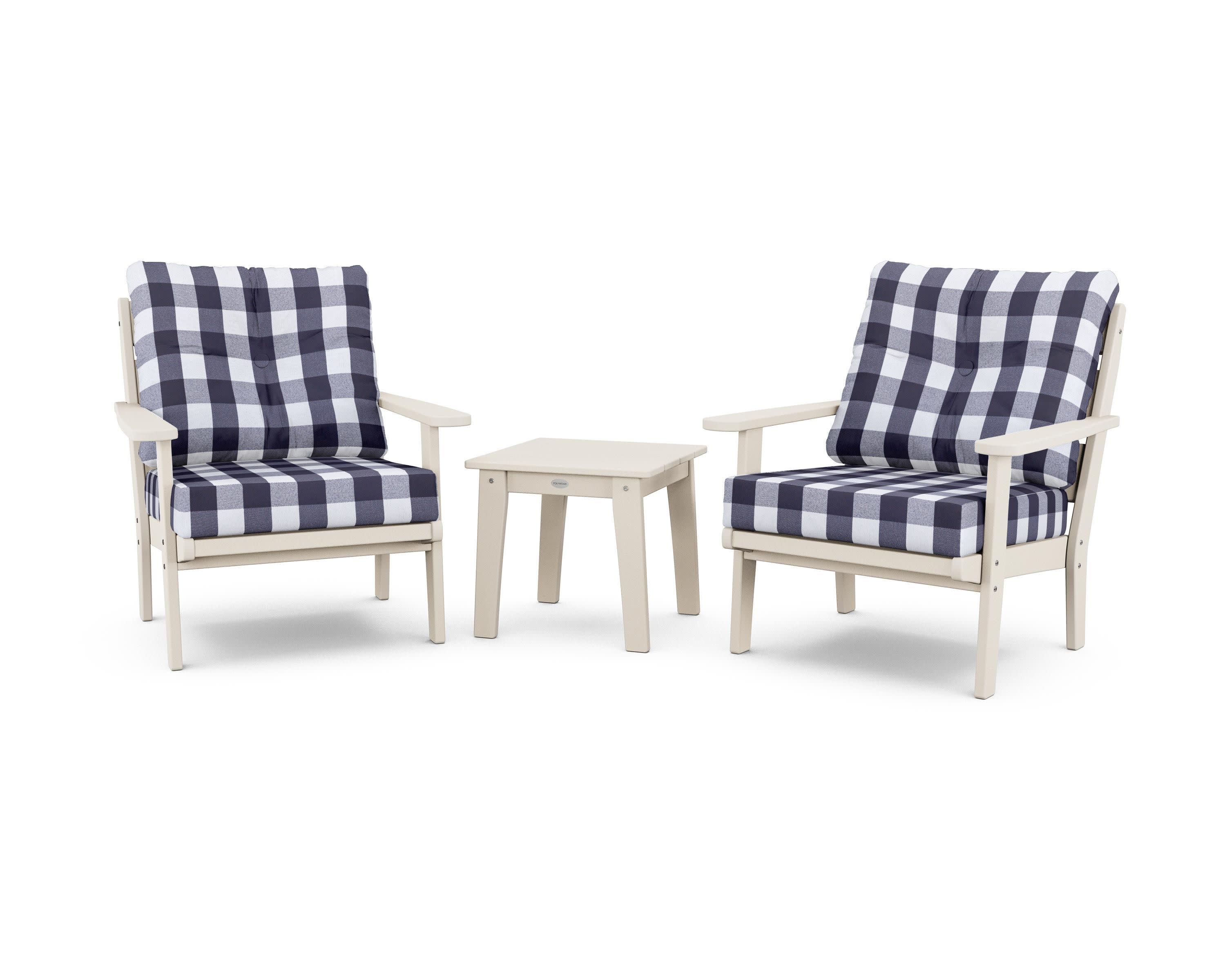 Lakeside 3-Piece Deep Seating Chair Set in Sand / Buffalo Plaid Navy
