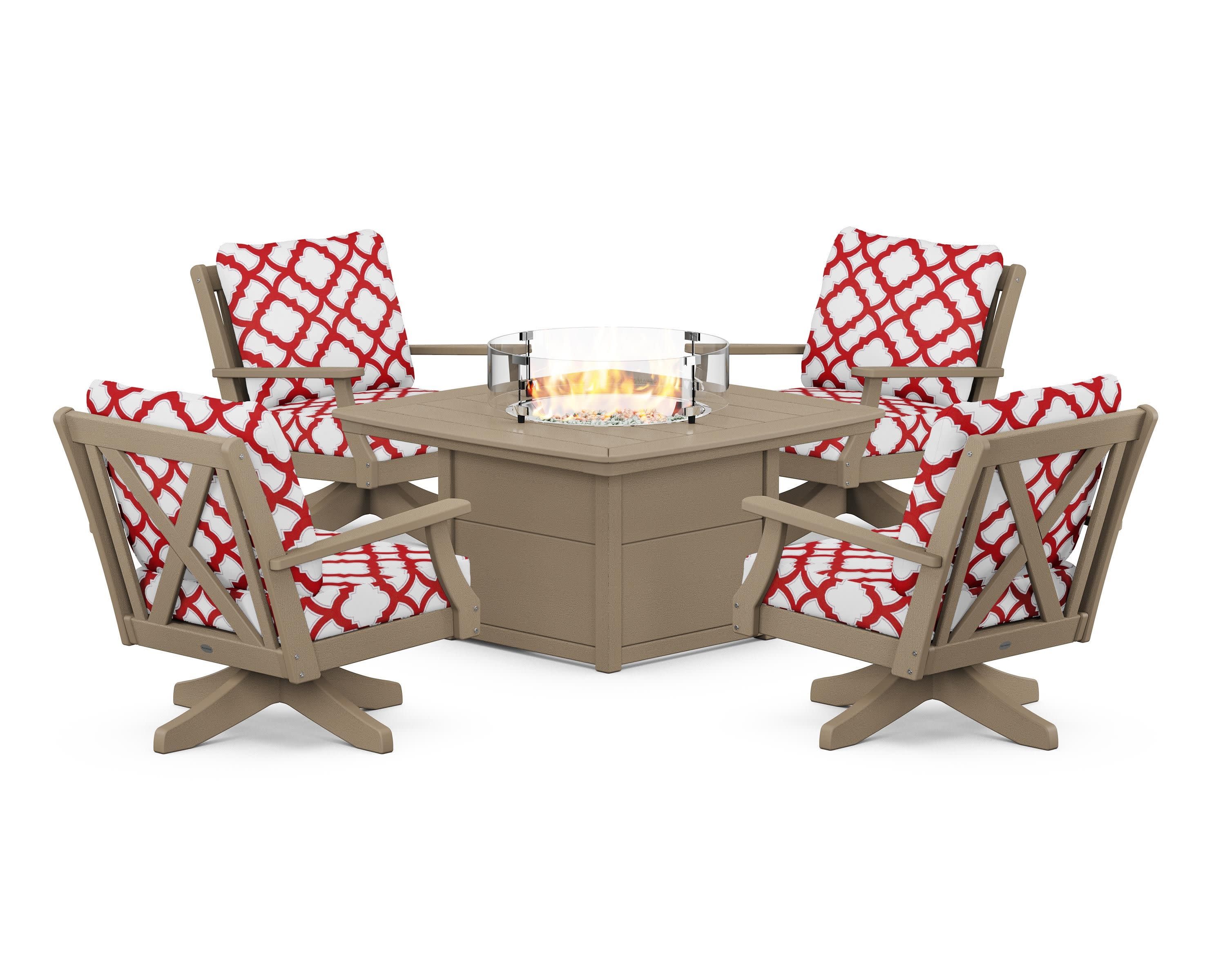 Braxton 5-Piece Deep Seating Swivel Conversation Set with Fire Pit Table in Vintage Sahara / Trellis Crimson