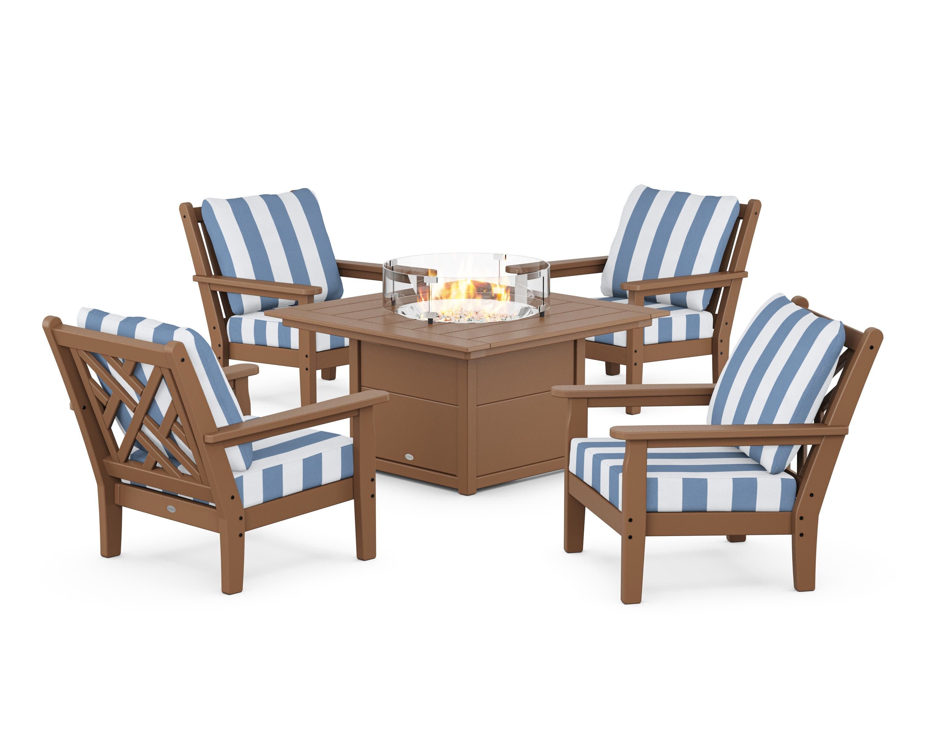Chippendale 5-Piece Deep Seating Set with Fire Pit Table in Teak / Cabana Stripe Sky Blue