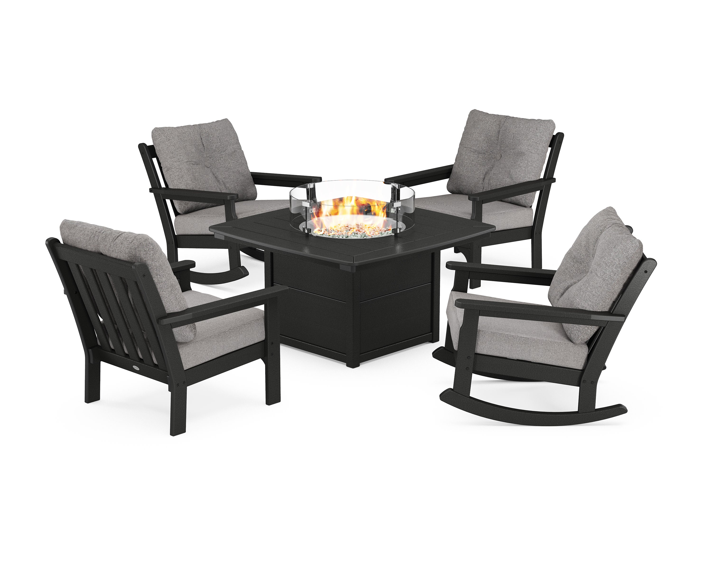 Vineyard 5-Piece Deep Seating Rocking Chair Conversation Set with Fire Pit Table in Black / Grey Mist